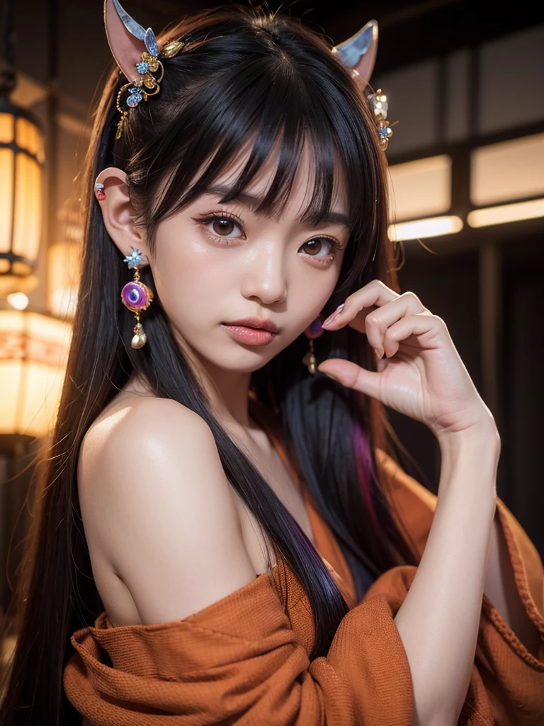 Yokai Oni girl , looking at the viewer ,  super detailed , UHD,  textured skin ,  long hair,  multicolored hair ,  crystal earrings , Pointed long ears, tongue, Behind the scenes,  crescent hair accessories, Hyperrealism, 