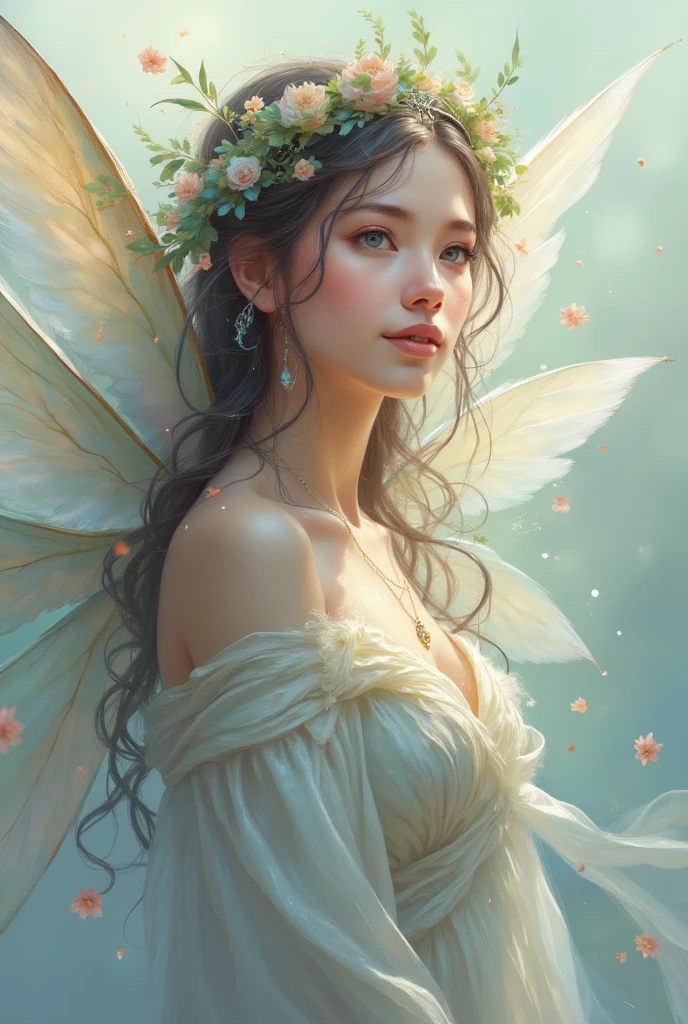 "An angel with soft, flowing wings and a thoughtful expression, looking out into the distance with a slight smile. The colors are gentle and muted, like soft blues and grays, with subtle lighting that creates a peaceful, introspective atmosphere."