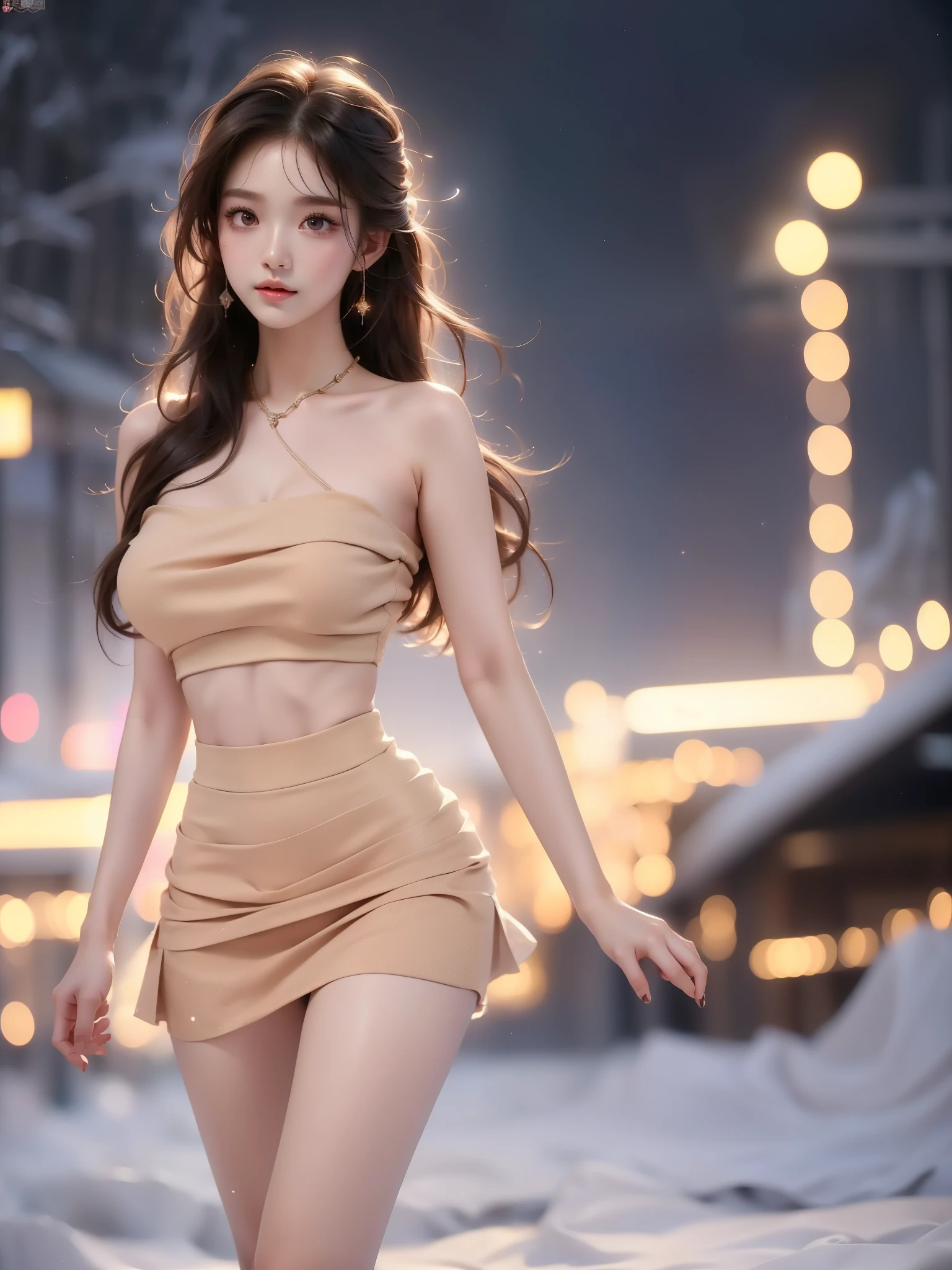 bzsohee ,((full body)), ((single bare shoulder)), (Asian beauty: 1.3), girl, solo, ((short skirts, miniskirt, very short hemline)), (toned body: 1.2), (naturally large breasts: 1.1), (visible cleavage: 0.8), (smooth flawless skin: 1.2), (perfect anatomical proportions: 1.3), (anatomically correct legs: 1.3), (elegantly long legs: 1.3), 1.1) (a playful girl, one hand running through her long hair, the other lifting her skirt slightly), (detailed features: 1.2), (big bright eyes: 1.1), (long eyelashes: 1.1), charming smile, gentle and confident expression, Head slightly tilted, long flowing hair, (night scene: 1.1), (starry sky: 1.0), (space background: 0.9), (professional soft light: 1.2), (warm tone: 1.1), (Masterpiece: 1.4), (Super Detail: 1.3), (Sharp focus: 1.2), (Realistic: 1.2), (Hi-Fi: 1.1)