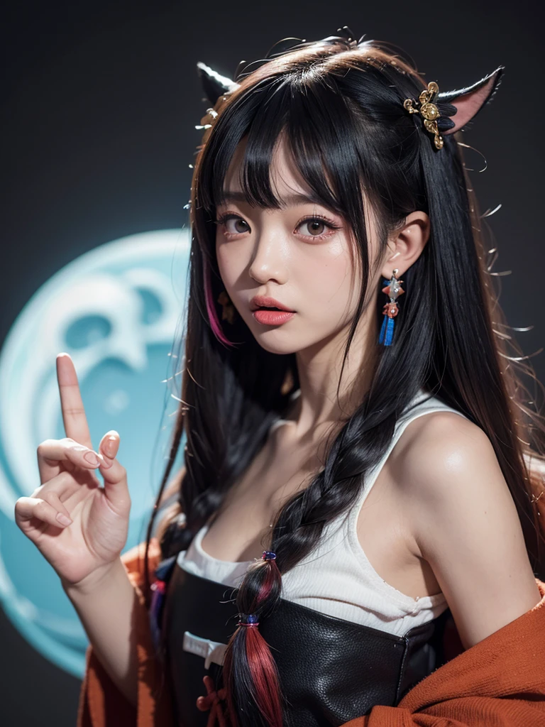 Yokai Oni girl ,  super detailed , UHD,  textured skin ,  long hair,  multicolored hair , Pointed long ears, tongue, Behind the scenes,  crescent hair accessories, Hyperrealism, 