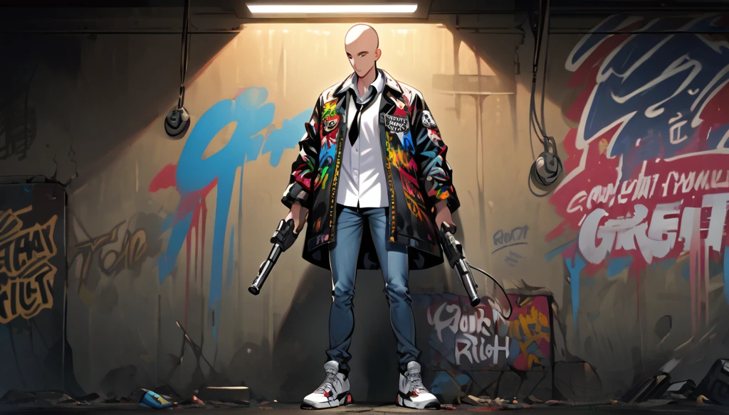 boy, bald, Small neck, white collar , black tie,  jeans, Shirt off the pants , Grafitti jacket, white sneakers, standing, Headset around the neck, 1,69 tall. normal body, Holding a pistol with your right hand.