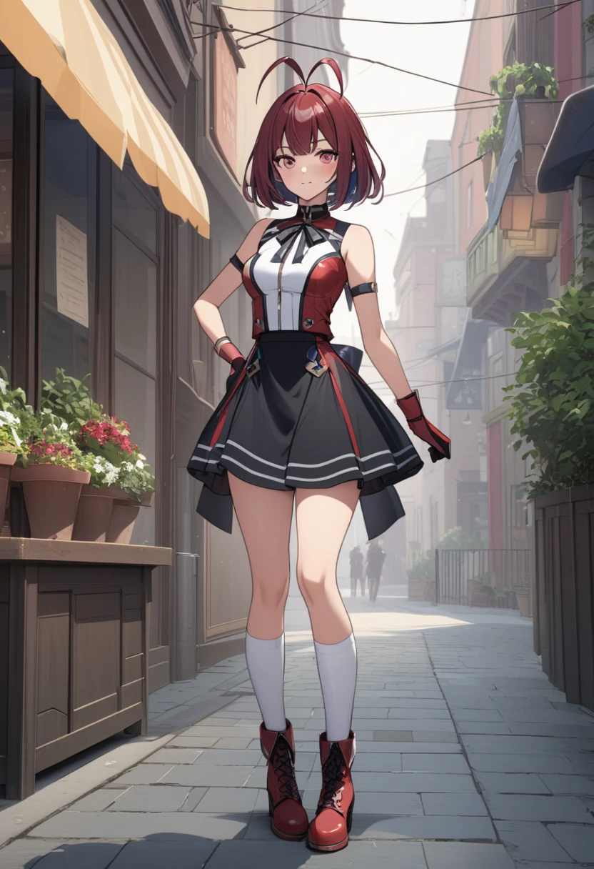 ((best quality)), ((masterpiece)), (detailed), 1girl, Touhou, Sekibanki, red hair, red eye color, full body, wide shot, black skirt, red boots, black attire, short female hair, female blouse, open front, open blouse, dark bra, smiling expression