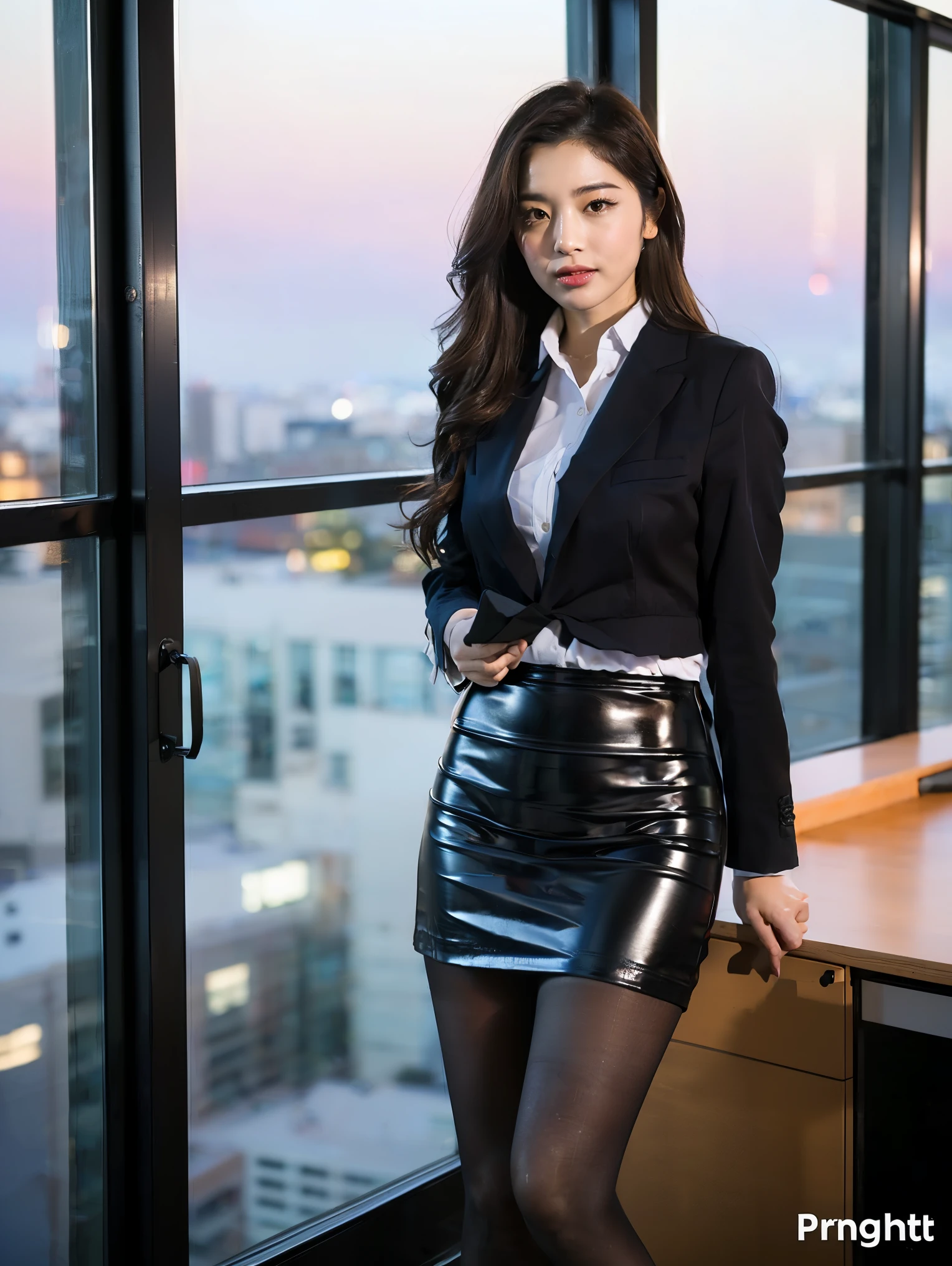 (masterpiece, high quality,16k:1.1),( depth of field :1.3) ,((Front body:1.35)),Japanese ,woman, ((  my business suit ,   Pencil Skirt ,  Super Realistic Pantyhose )),  Thick legs、Curvy,( watching viewers:1.3),( Full Body Shot :1.2),(Late night office:1.2),(A beautiful night view of the city can be seen from the window:1.2), A smile that pretended to say something、