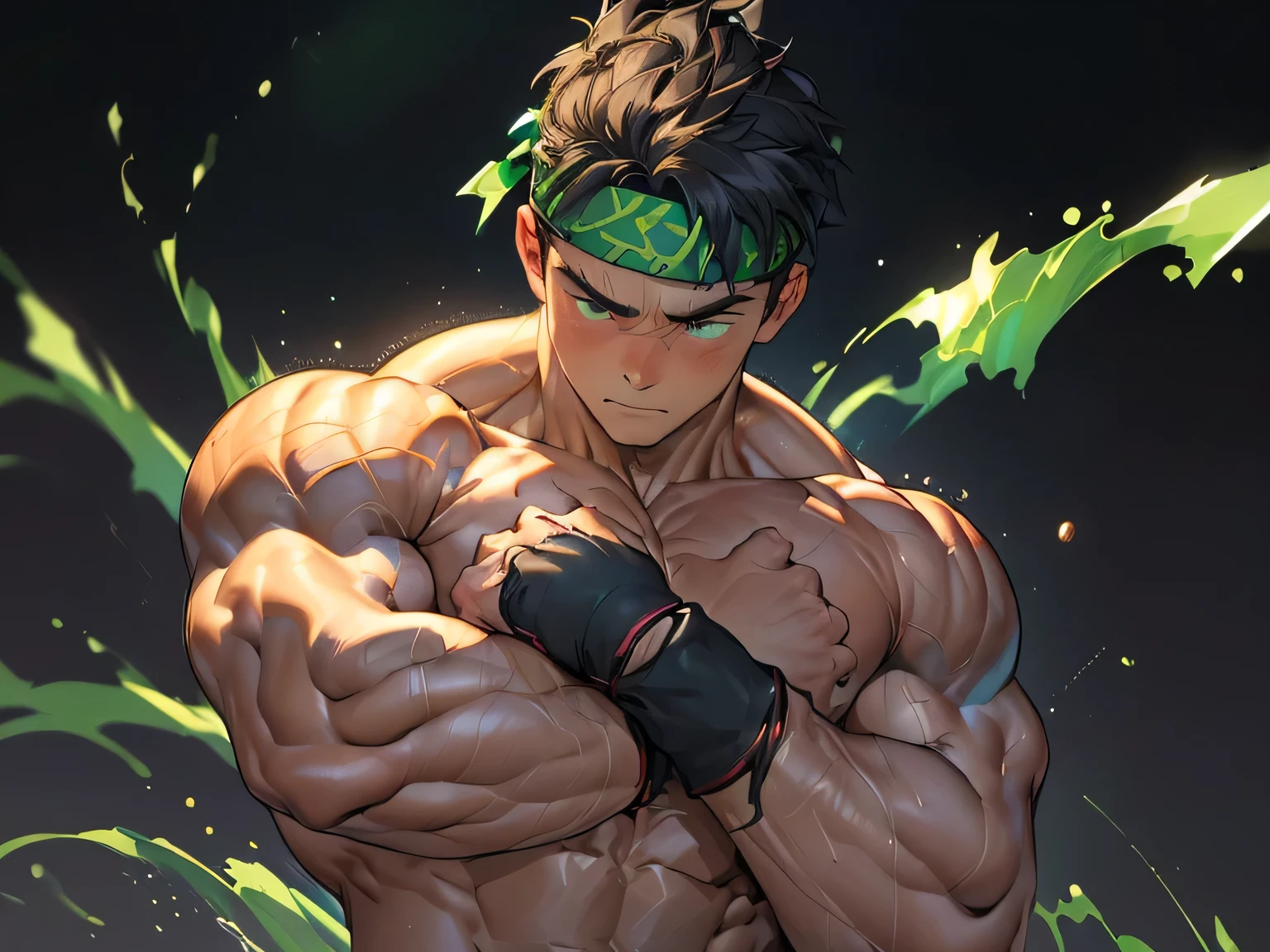 ((masterpiece, best quality, stalwart, (Depth of field:1.2))), (((((black background, deep night, looking away))))), (worm green eyes, Young boy, muscler, Shirtless, topless), ((((1boy, solo, flesh, tough, reliable, developed body)))), (Dark Short straight hair, green eyes, ((almost completely shaved hair)), under cut), (((red headband, black wristband))), Vivid colors, ((big breast, big abs, big shoulder, muscular body, sturdy body, defined round and fleshy pecs, defined round and fleshy ABS, defined round and fleshy armsmuscular, well-defined muscles, toned body, shouldermuscler)), muscler!, muscler body, detailed face, detailed muscle, (((rippling muscles, Flowing energy, wearing wind to emphasize the power of his aura. Highlight his aura, blue and green aura effect, his right arm wearing energy stream, holding aura energy, Imposing, Fearless, expressionless, attack pose)))