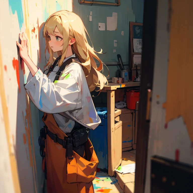 A female craftsman is painting the wall , Blonde, ,  depth of field , , , Long Hair