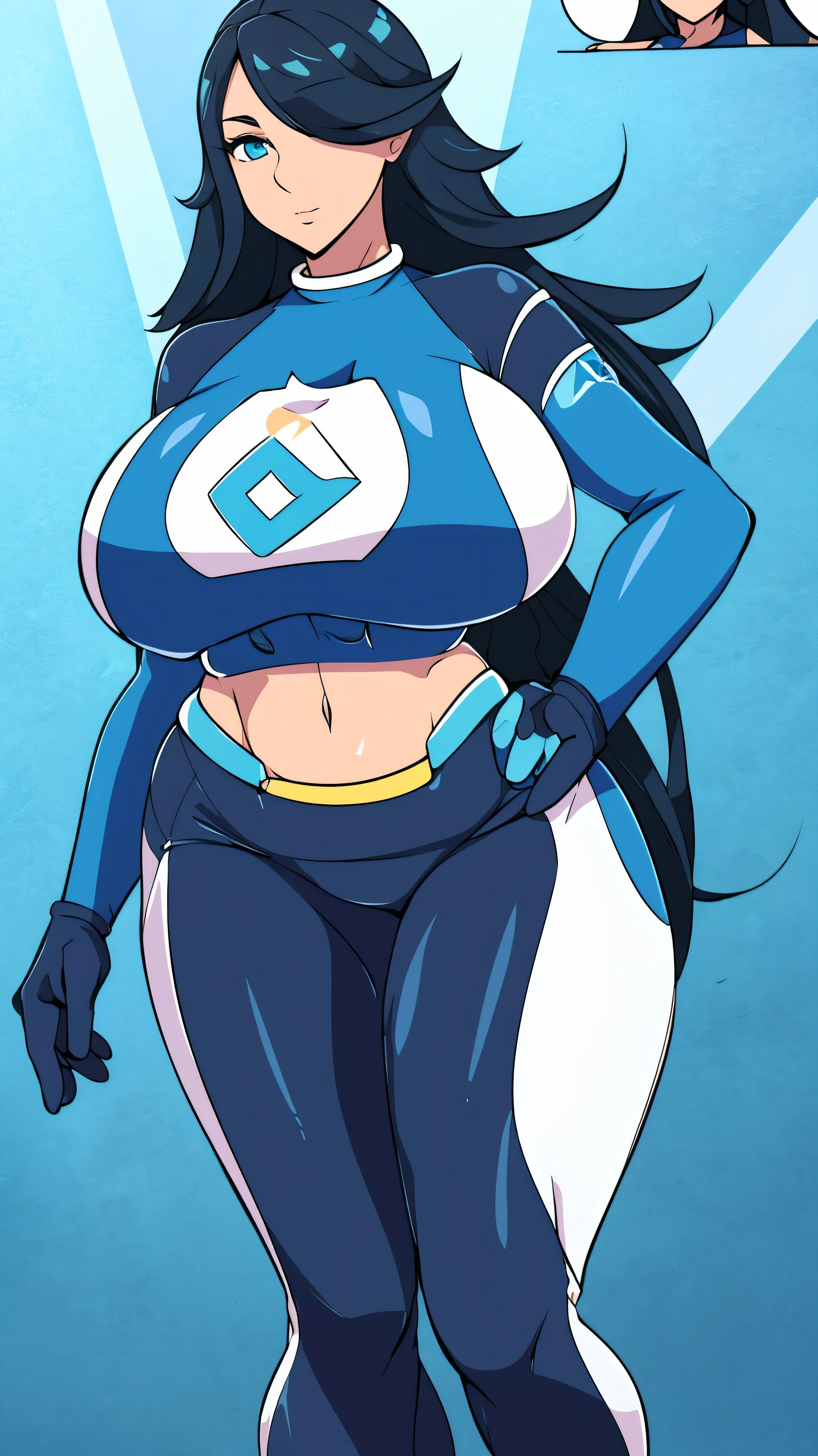 A beautiful sexy big breasted woman with beautiful waist-length black hair in a loose style with two blue locks wears blue cropped top with long sleeves (exposing her thumbs and shoulders ) with an Aqua Team logo on her bust and wetsuit pants with white outline with light blue details on her knees and feet