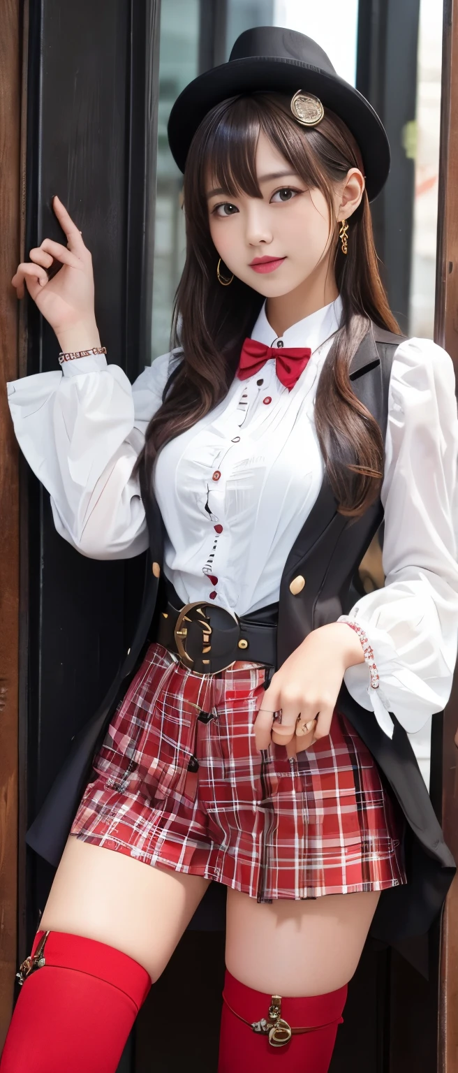  Cool Idol Girl 、whole body、　Good style、、、、、、、、、、Thick legs、、steampunk checkered magician suit（White and Red ）、Magician Shirt 、Fruity Belt 、A pure girl&#39;s face、 Glowing Nighttown 