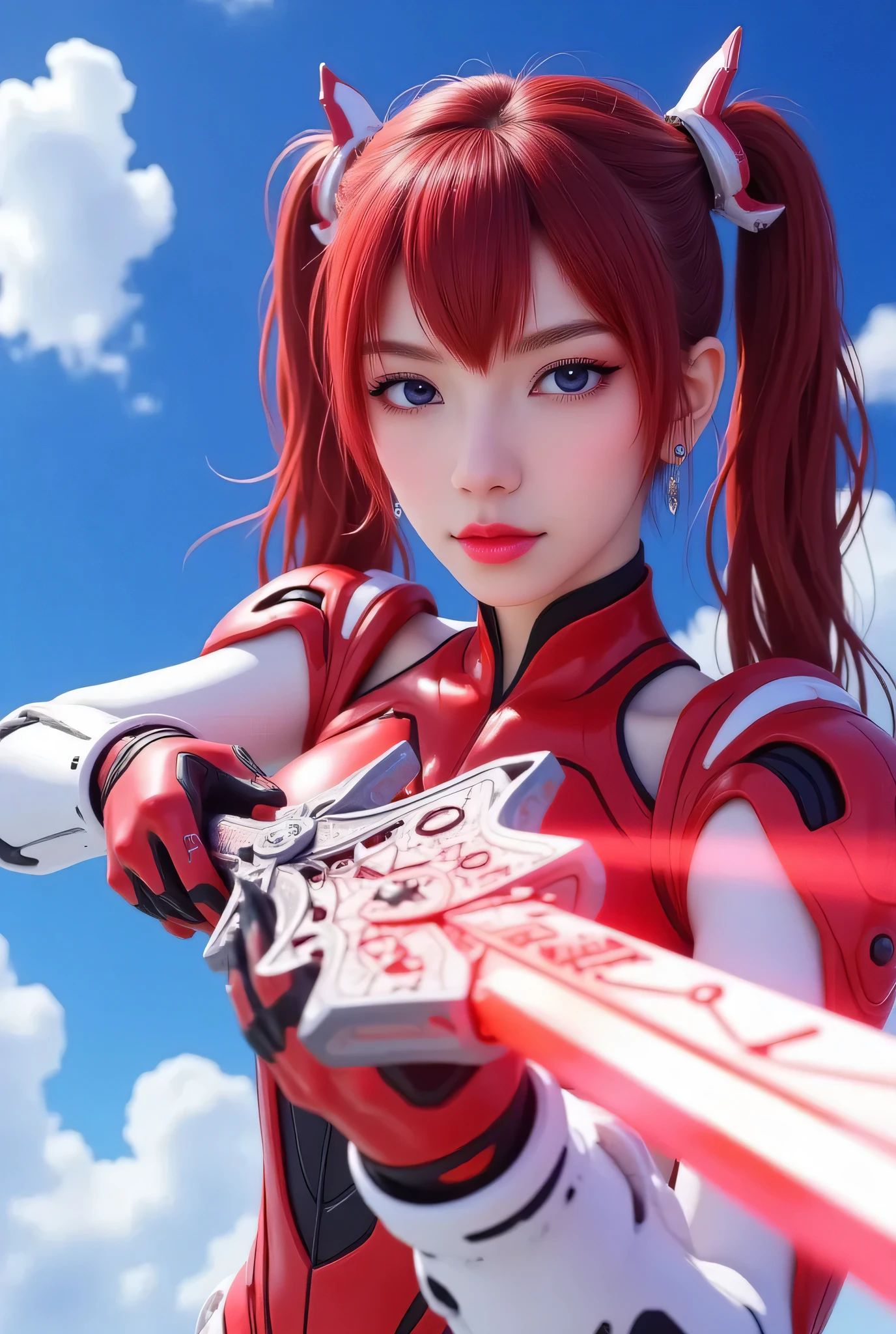 a detailed girl in mechanical red and white robot armor, Mary DR., holding a long red and white sword, flying dynamically through a blue sky, beautiful detailed eyes, lips, skin, long red hair in twin tails, red and white mechanical barrette, highly detailed patterns and shapes of the sword, glow of the sword blade and red beam emission effect, accurate depiction of the hand holding the sword, stabbing the viewer, cinematic lighting, vivid color, 3D rendering, professional photo resolution, award winning