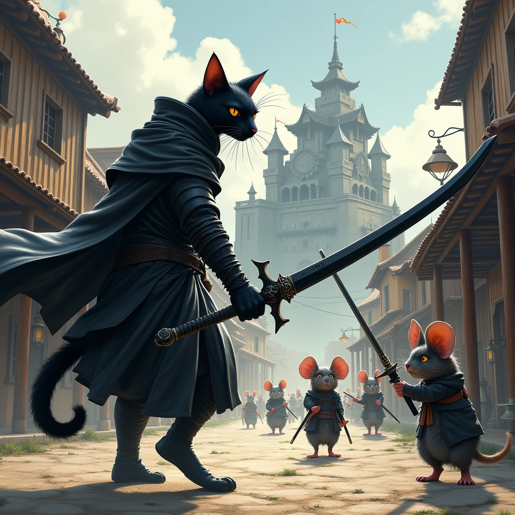 A black cat walking on two legs, Ket-Shi, holding a black saber and engaging in sword combat, wearing a black leather half-jacket, black boots, and a black cowboy hat, in a heroic Zoro-style pose, fighting rat thieves that walk on two legs in the old town below a hill-top castle.