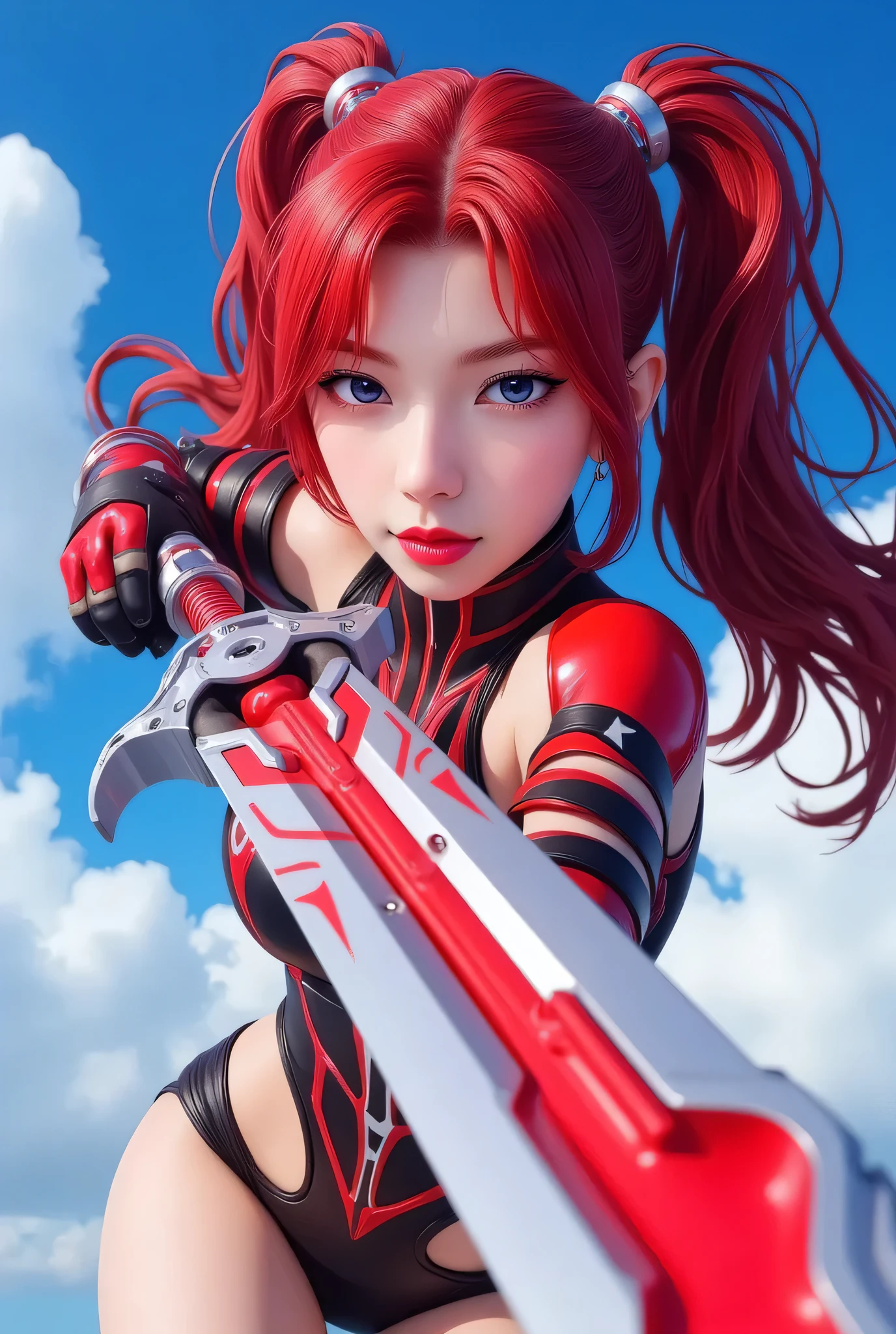 a detailed girl in mechanical red and white robot armor, Mary DR., holding a long red and white sword, flying dynamically through a blue sky, beautiful detailed eyes, lips, skin, long red hair in twin tails, red and white mechanical barrette, highly detailed patterns and shapes of the sword, glow of the sword blade and red beam emission effect, accurate depiction of the hand holding the sword, stabbing the viewer, cinematic lighting, vivid color, 3D rendering, professional photo resolution, award winning