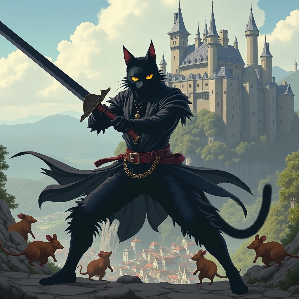 A black cat walking on two legs, Ket-Shi, holding a black saber and engaging in sword combat, wearing a black leather half-jacket, black boots, and a black cowboy hat, in a heroic Zoro-style pose, fighting rat thieves that walk on two legs in the old town below a hill-top castle.