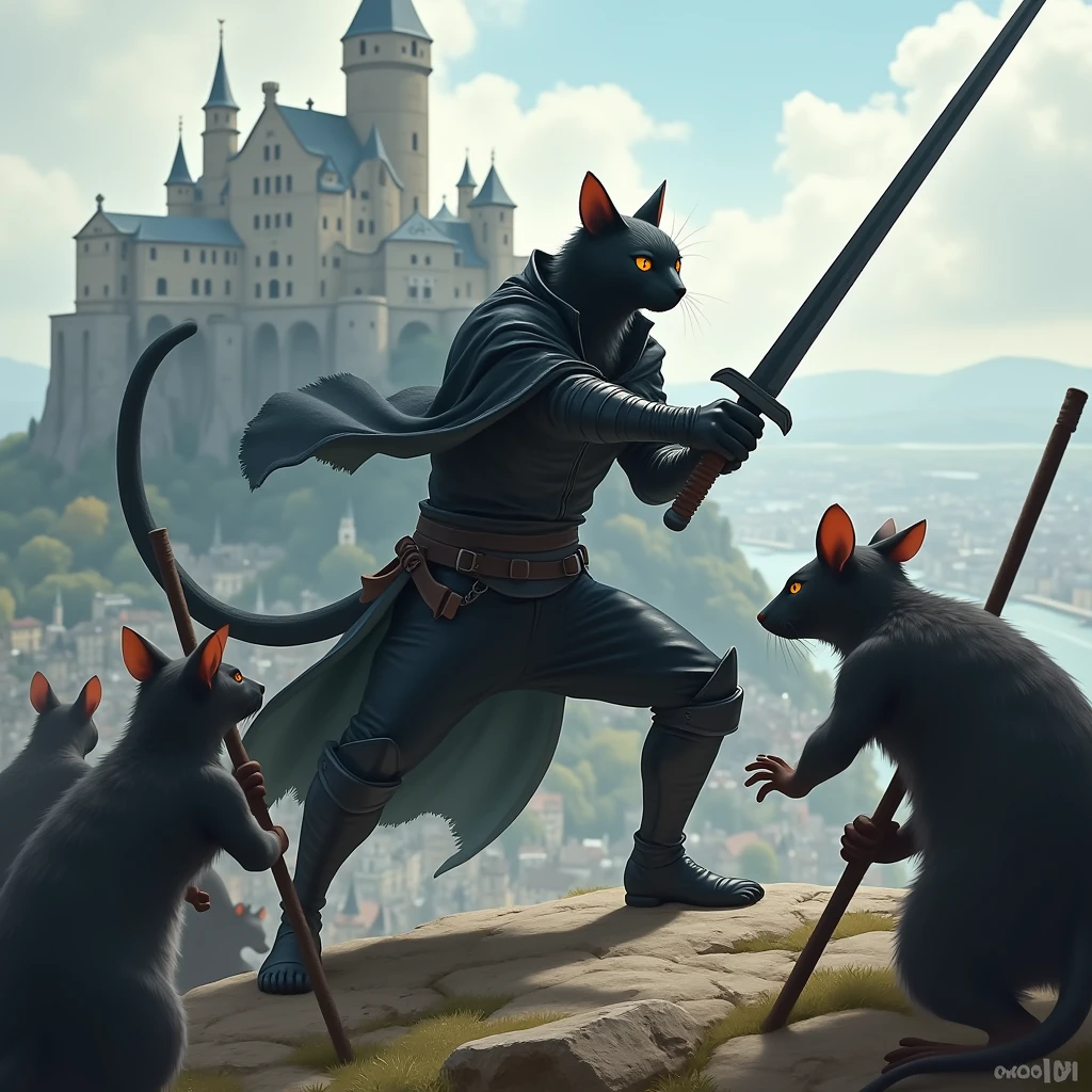 A black cat walking on two legs, Ket-Shi, holding a black saber and engaging in sword combat, wearing a black leather half-jacket, black boots, and a black cowboy hat, in a heroic Zoro-style pose, fighting rat thieves that walk on two legs in the old town below a hill-top castle.