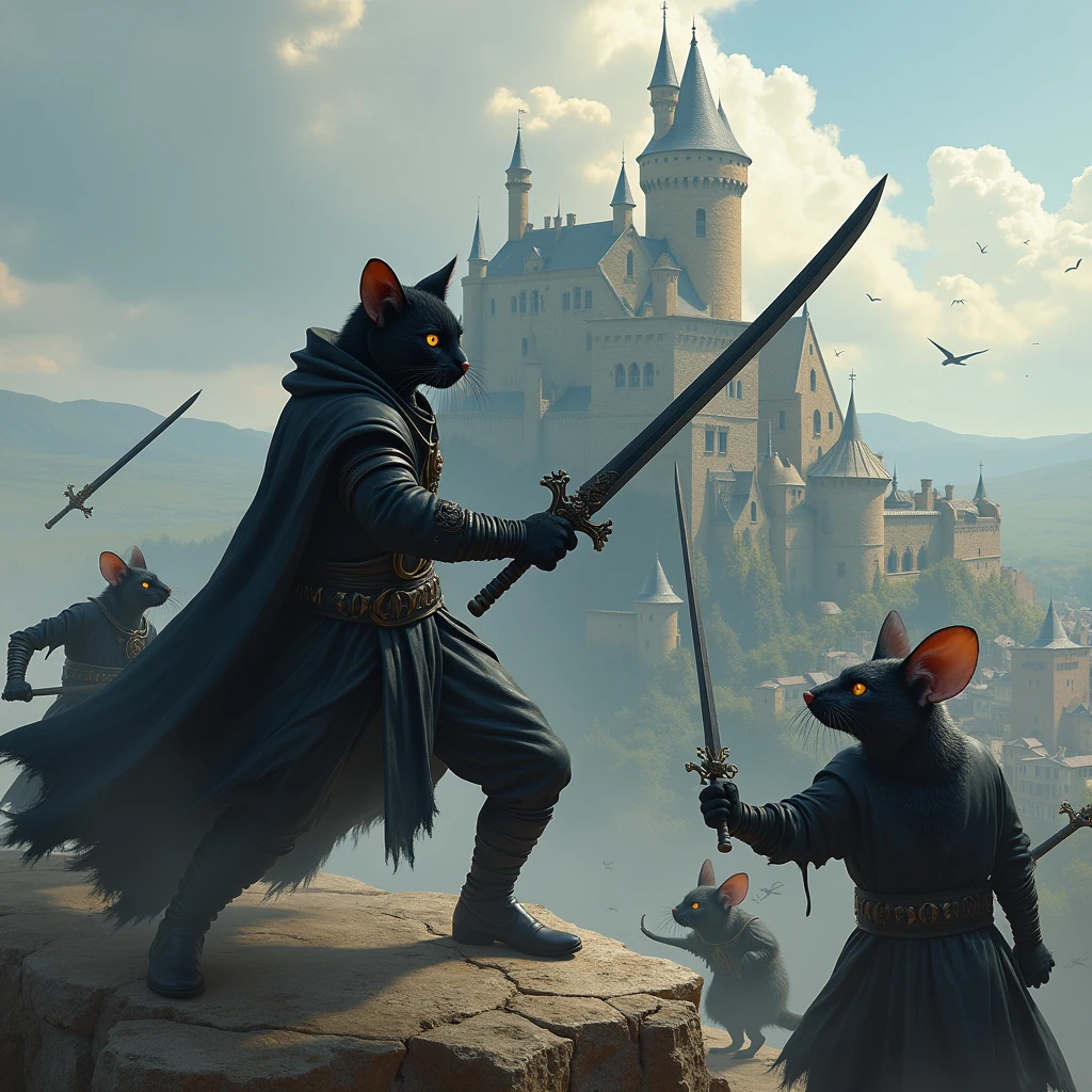 a black cat walking on two legs, kett sith, holding a black saber and displaying swordplay, wearing a black leather half jacket, wearing black boots, in an imposing zoro style, an ancient european castle on a hill and the town below, fighting bipedal rat thieves