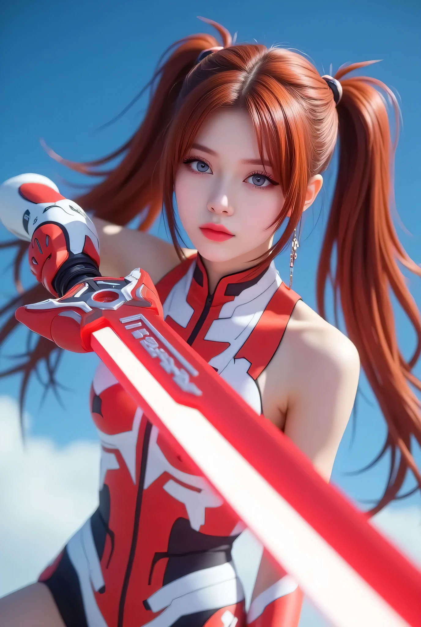 a detailed girl in mechanical red and white robot armor, Nat DR., holding a long red and white sword, flying dynamically through a blue sky, beautiful detailed eyes, lips, skin, long red hair in twin tails, red and white mechanical barrette, highly detailed patterns and shapes of the sword, glow of the sword blade and red beam emission effect, accurate depiction of the hand holding the sword, stabbing the viewer, cinematic lighting, vivid color, 3D rendering, professional photo resolution, award winning