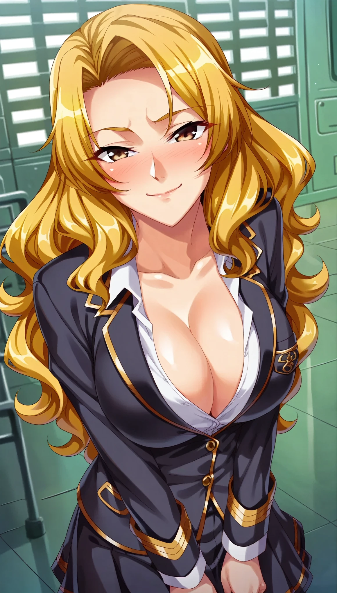 score_9,score_8_up,score_7_up,best quality,detailed beautiful face and eyes,anime screencap,prison battle ship,yellow hair,wavy hair+forehead,blush,smile,School uniform+long sleeve blazer,cleavage,large breast,wariza,from above,looking at viewer