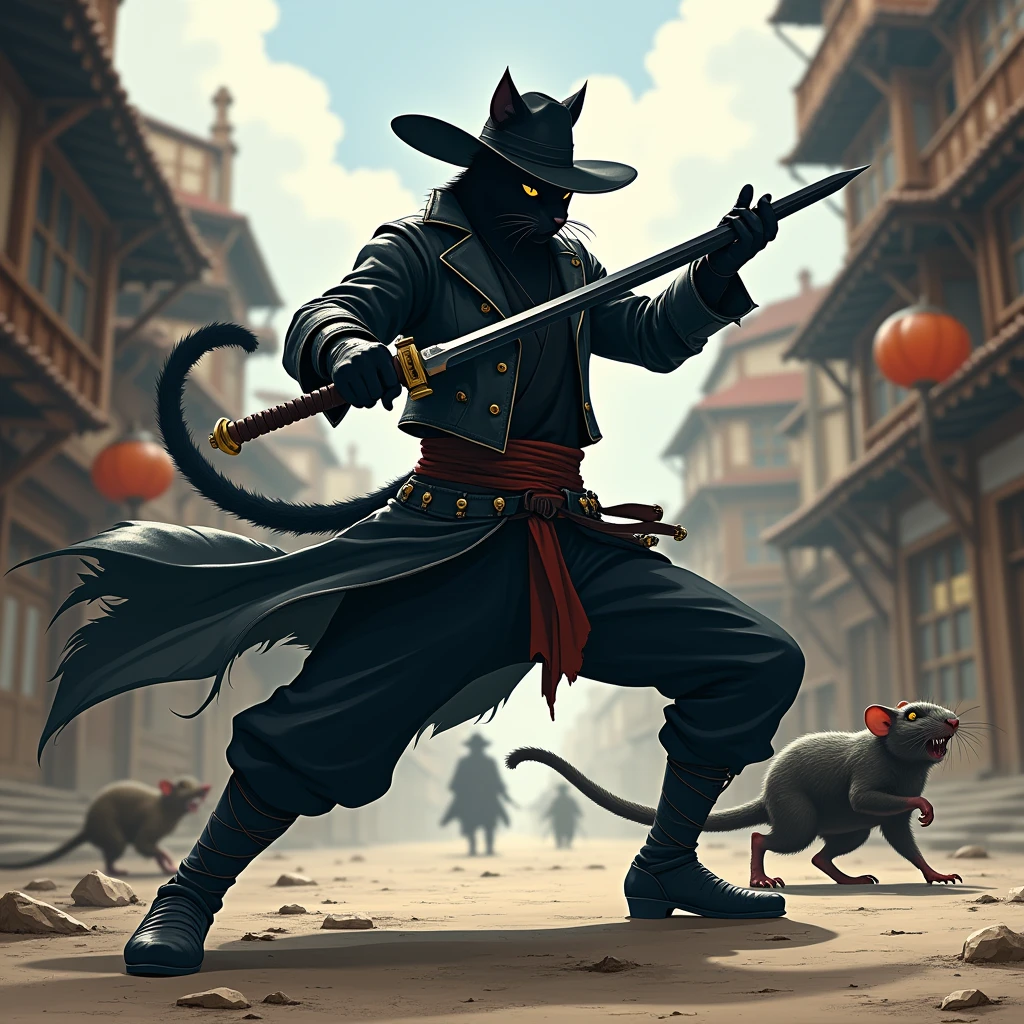 A black cat walking on two legs, Ket-Shi, holding a black saber and engaging in sword combat, wearing a black leather half-jacket, black boots, and a black cowboy hat, in a heroic Zoro-style pose, fighting rat thieves that walk on two legs in the old town below a hill-top castle.