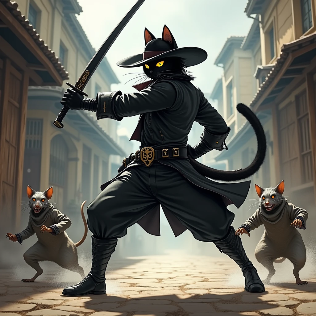 A black cat walking on two legs, Ket-Shi, holding a black saber and engaging in sword combat, wearing a black leather half-jacket, black boots, and a black cowboy hat, in a heroic Zoro-style pose, fighting rat thieves that walk on two legs in the old town below a hill-top castle.