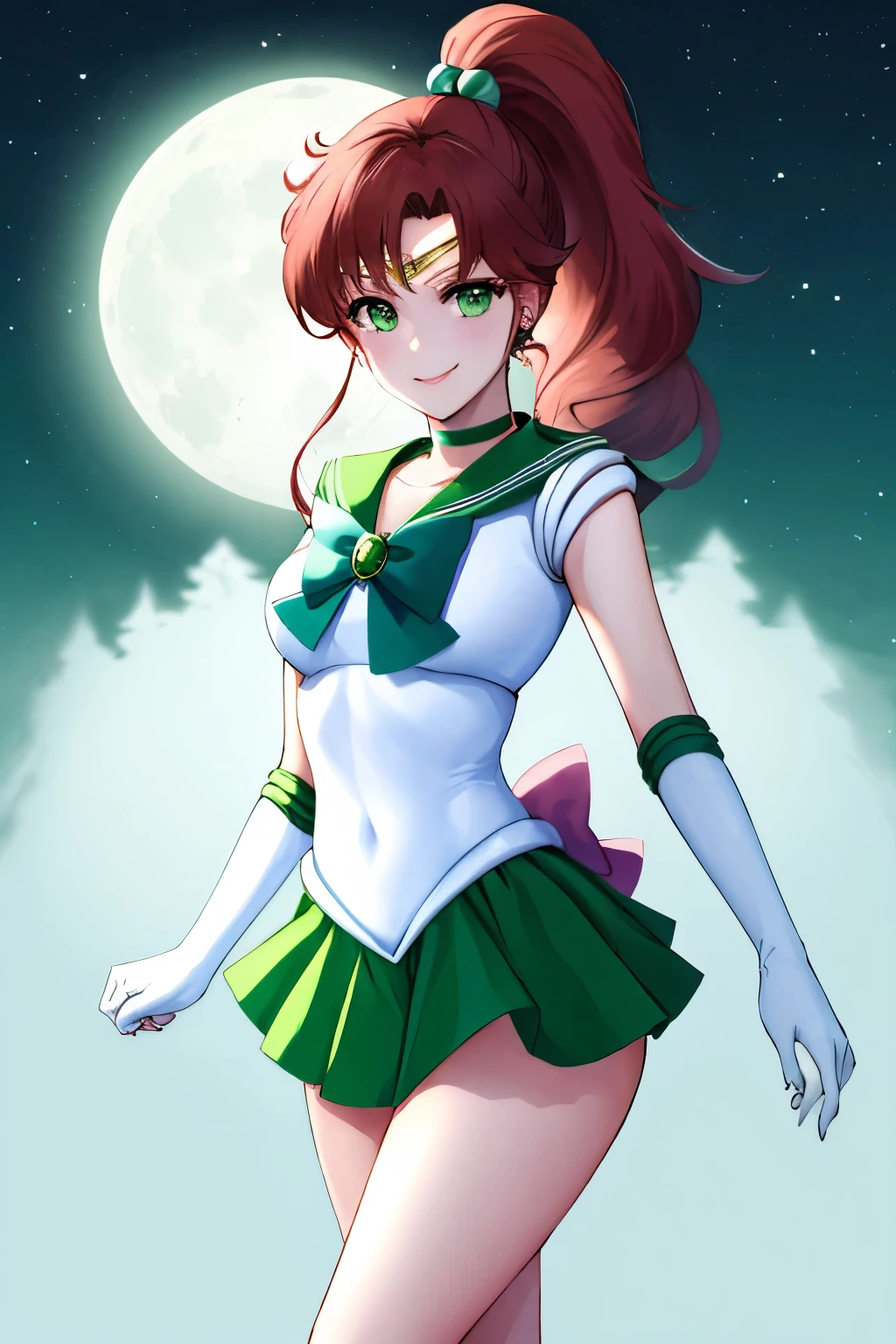 masterpiece, best quality, highres, hmjupiter, green eyes, ponytail, tiara, jewelry, sailor senshi uniform, green sailor collar, choker, elbow gloves, white gloves, pink bow, brooch, leotard, green skirt, cowboy shot, standing, night, moon, smile