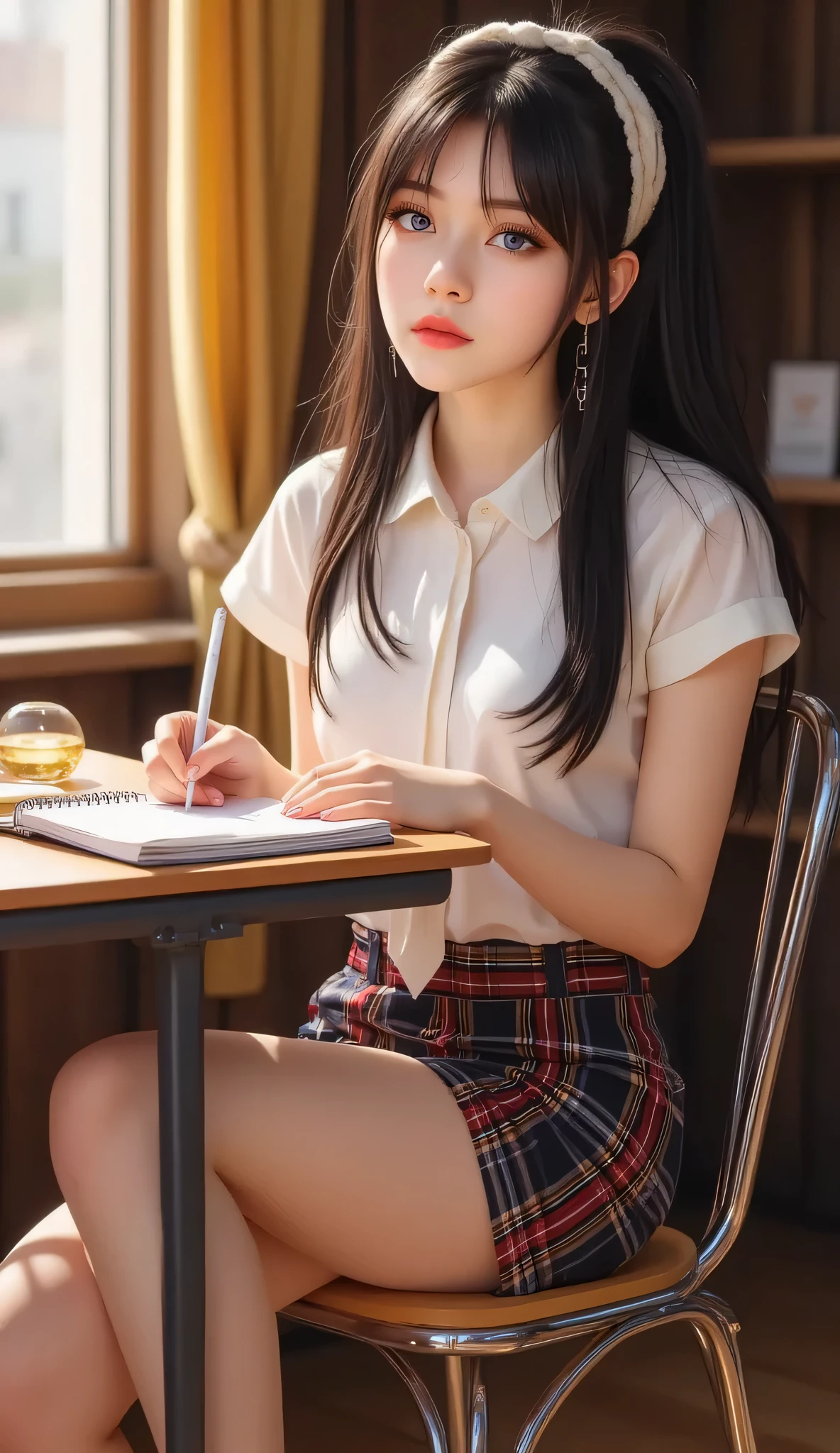 realistic, beautiful young woman, Nat DR., gorgeous face, thick eyeliner, winged_eyeliner, bangs, sitting on small metal chair, writing in notebook at student desk, wearing tight white blouse and plaid skirt, undone tie, earrings, hairband, extra_large bust, indoors, soft lighting, window with sunlight, cozy room, realistic, intricate details, warm colors, by Greg Rutkowski, by Alphonse Mucha