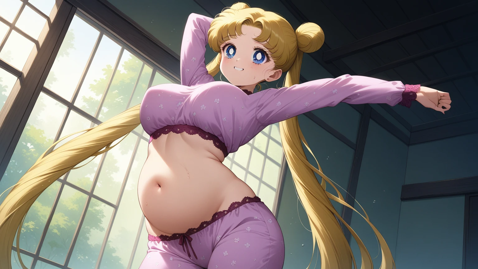 (masterpiece, best quality, very aesthetic, ultra detailed), intricate details, 4k, aausagi, long hair, double bun, twintails, parted bangs, blue eyes, pink pajama, long sleeve, standing, belly button, midriff, pain, smile, both arms up, stretching