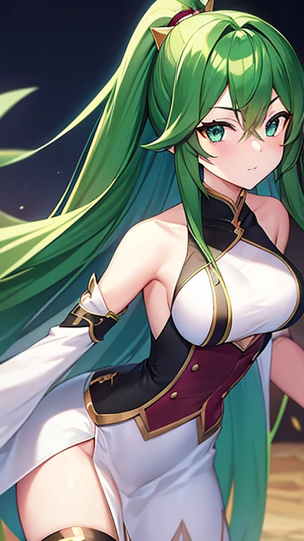 Generate an avatar of a waifu with long hair and emerald color with burgundy eyes 