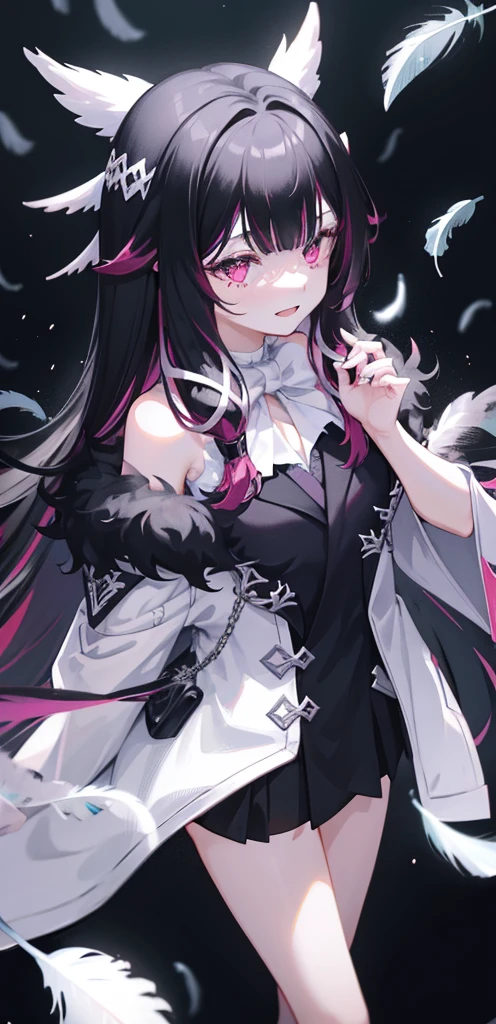1girl, long hair, black hair, red hair, solo, open eyes, eye_mask, head wings, hair ornament, blunt bangs, light blue spotlight shining down, feathers, dark, falling feathers, evil, mysterious, black background, wind, smiling, jacket, top down view, view from above, bright neon pink eyes, looking at viewer, insane expression, crazy, wide eyes, spirals in eyes