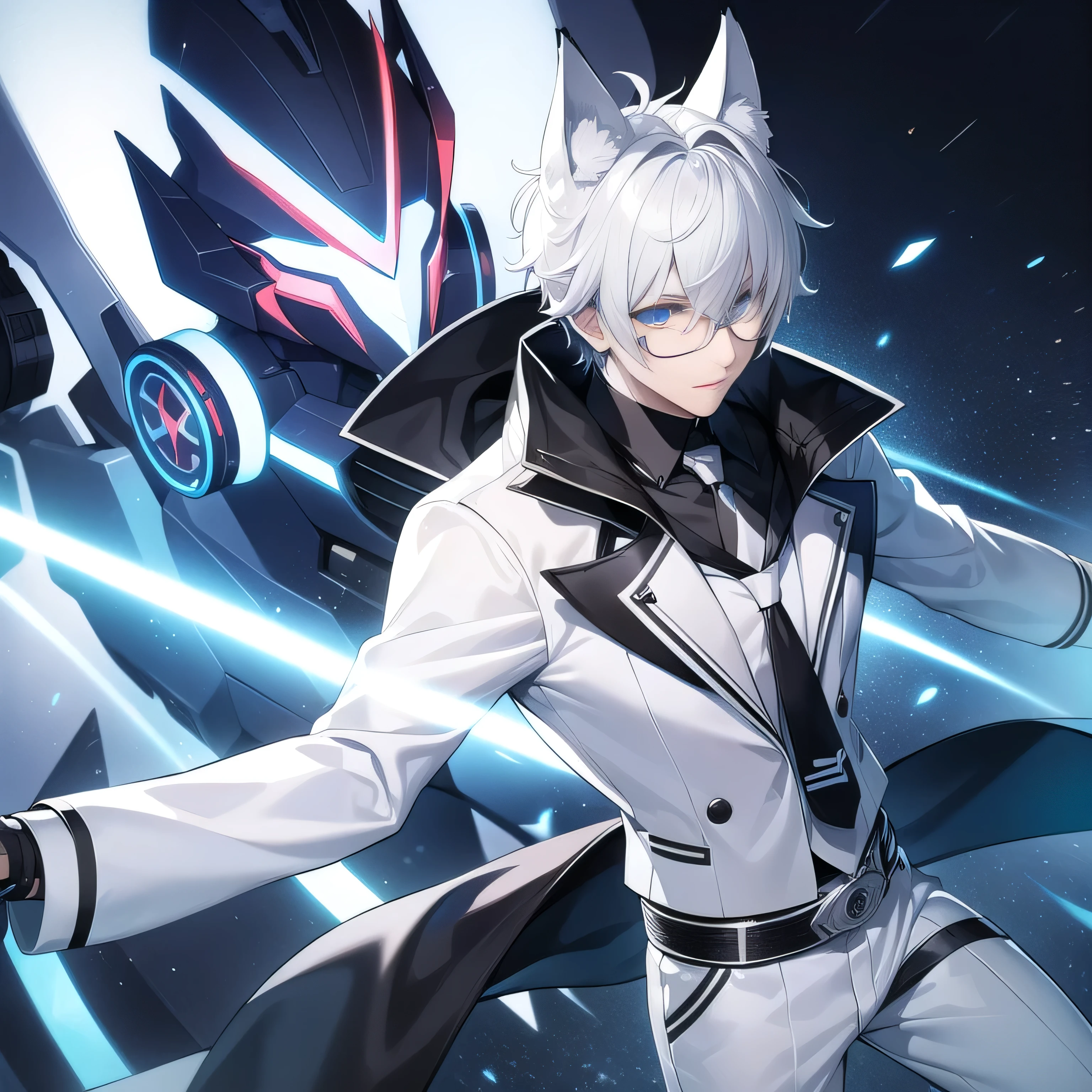 1Robot cyberpunk fox white black, ear fox, 8 tail, 1human man, white hairstyle covering one eye, blue eye pupils, black t-shirts, white clothes, white necktie,white pants, kamen rider driver belt, glasses, strong