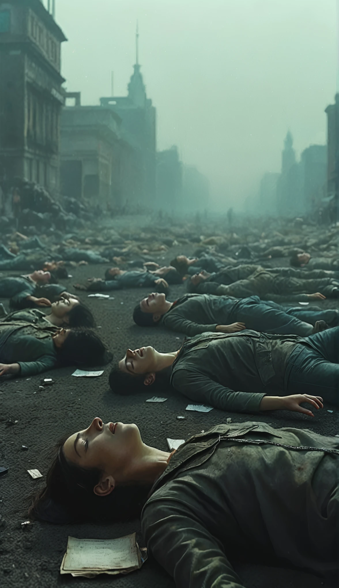   many people lying on the ground in the middle of the street,  dystopian art, dystopian surrealism, #  dystopian art, Dystopian,  dramatic sci-fi movie stills , Dystopian,  Dystopian Atmosphere , Dystopian digital art,  dystopian aesthetics , Dystopia Sci-Fi Apocalypse,  Dystopian Atmosphere ,  The background is a dead body  , realism | Beeple,  dystopian Soviet mood in the 1920s  