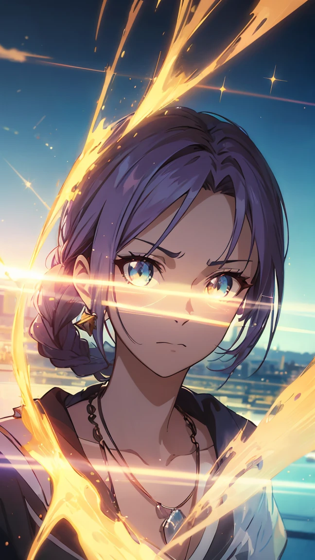 streaked hair, asymmetrical hair, braided ponytail, crystal hair, floating hair, jewelry, goggles, high detail, Conceptual art, anime style, sparkle, cinematic lighting, reflection light, afterimage, zoom layer, pov, masterpiece, super detail, textured skin, high quality, best quality, 16k, highres, 1080P