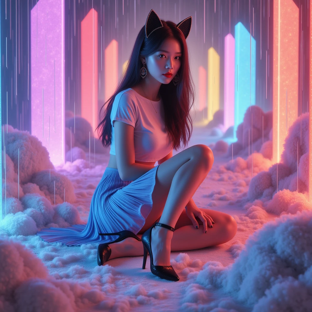 Surrealism, Pretty Korean , Long shiny black hair,   Black Cat Ear Hair Jewelry ,    Bright Red Lips ,   Slim Fit T-Shirt ,   Light Blue Skirt Pleated Skirt , high-heels,  Sitting Pose Dynamic  , Gaye , background,  Neon Walls Emitting Light .,   White Fur Falling Like Rain   ,  Photoshoot ,   High Definition Image ,    intricate detail,  3D ,  3D Render , It is true,   Colorful Set  ,   over the truth  , spell, Water line 