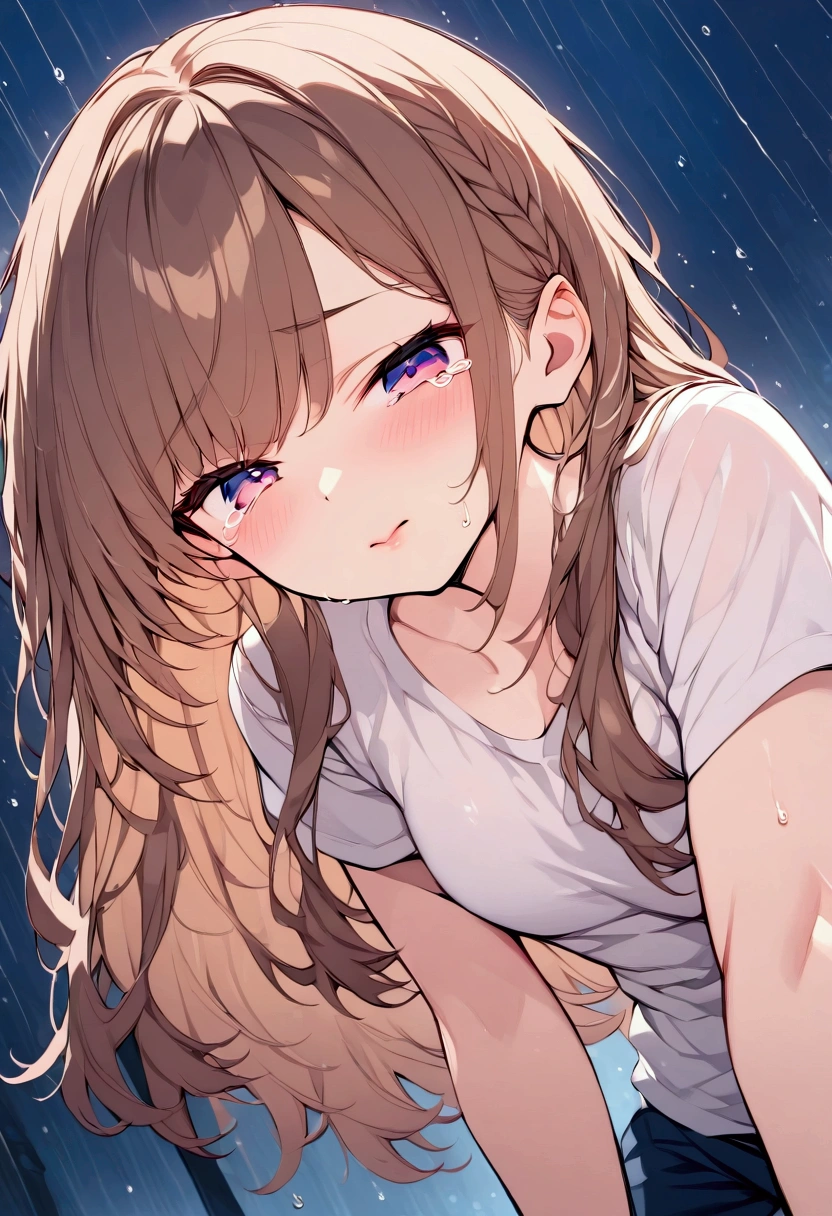 ((extreme posing)).  dynamic angle, masterpiece,  best quality  ,   Sex,   perfect detail ,   sharp detail , sharp colors, 8k,  Ultra-sharp portraits ,  Perfect fingers,   best quality  ,  1 girl,  female middle school student,  upper bodyはTシャツ, I'm crying after being hit by the rain,  long hair, Water droplets are dripping, Good skin texture ,  Healthy Body, bending forward and crying , Somewhat far from viewers , crying ,  Beautifully detailed lips,  Brown Hair,  beautiful detailed hair  , Crying face, Late night background,   It's raining,  detailed background , ( upper body) , Bust Up, 
