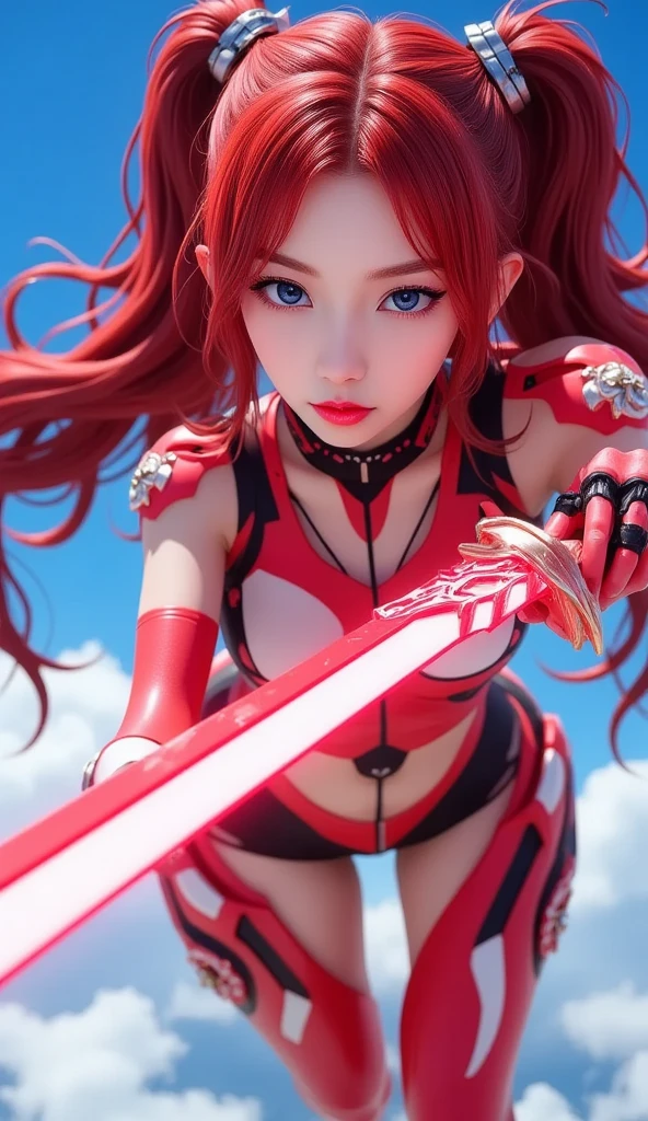 a detailed girl in mechanical red and white robot armor, Mary DR., holding a long red and white sword, flying dynamically through a blue sky, beautiful detailed eyes, lips, skin, long red hair in twin tails, red and white mechanical barrette, highly detailed patterns and shapes of the sword, glow of the sword blade and red beam emission effect, accurate depiction of the hand holding the sword, stabbing the viewer, cinematic lighting, vivid color, 3D rendering, professional photo resolution, award winning