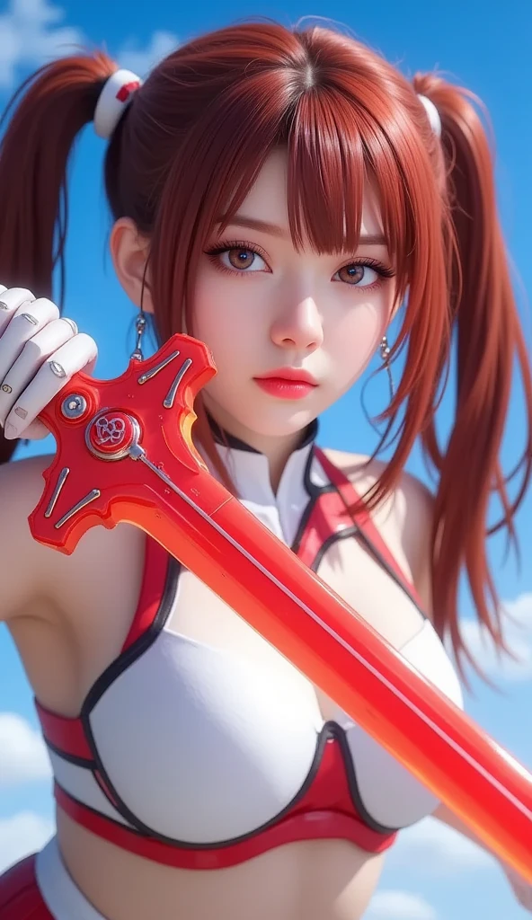 a detailed girl in mechanical red and white robot armor, Nat DR., holding a long red and white sword, flying dynamically through a blue sky, beautiful detailed eyes, lips, skin, long red hair in twin tails, red and white mechanical barrette, highly detailed patterns and shapes of the sword, glow of the sword blade and red beam emission effect, accurate depiction of the hand holding the sword, stabbing the viewer, cinematic lighting, vivid color, 3D rendering, professional photo resolution, award winning