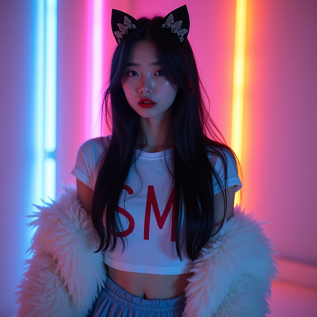 ผู้หญิงกำลังวาดมือร่ายเวทมนให้Water line มารวมตัวกัน, Surrealism, sexy,  Pretty Korean girl , Long shiny black hair,   Black Cat Ear Hair Jewelry ,    Bright Red Lips ,   T-shirt fits body , 'SM' on shirt ,   Light Blue Skirt Pleated Skirt , high-heels,  dynamic movement  ,  background,  Neon Walls Emitting Light .,   White Fur Falling Like Rain   ,  Photoshoot ,   High Definition Image ,    intricate detail,  Colorful Set  ,   over the truth  , spell, Water line 