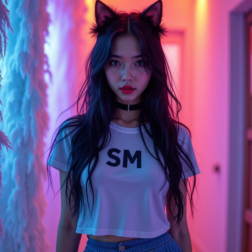 ผู้หญิงกำลังวาดมือร่ายเวทมนให้Water line มารวมตัวกัน, Surrealism, sexy,  Pretty Korean girl , Long shiny black hair,   Black Cat Ear Hair Jewelry ,    Bright Red Lips ,   T-shirt fits body , 'SM' on shirt ,   Light Blue Skirt Pleated Skirt , high-heels,  dynamic movement  ,  background,  Neon Walls Emitting Light .,   White Fur Falling Like Rain   ,  Photoshoot ,   High Definition Image ,    intricate detail,  Colorful Set  ,   over the truth  , spell, Water line 