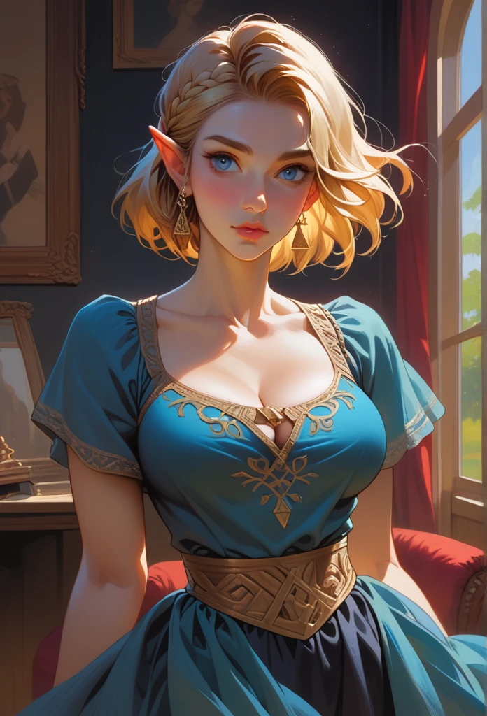 ((Best-quality, masterpiece, ultra-detailed)), Zelda, blonde, gorgeous detailed face, piercing blue eyes, thrown room dress, voluptuous, large_breast, detailed cleavage, ample hips, highly detailed, pin-up, digital portrait, outstanding graphics, smooth focus, highest resolution, 