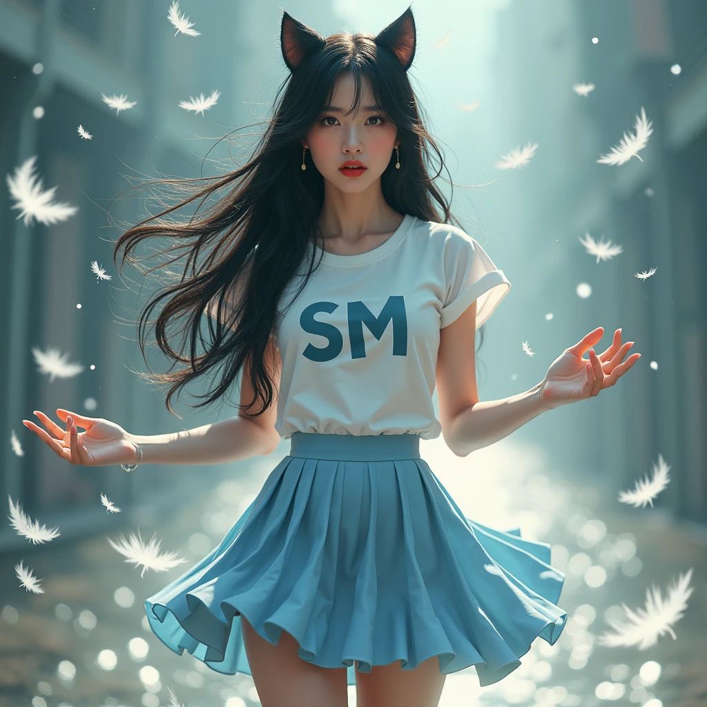  A woman is casting a spell for the streams of water to gather, Surrealism, sexy,  Pretty Korean girl , Long shiny black hair,   Black Cat Ear Hair Jewelry ,    Bright Red Lips ,   T-shirt fits body , 'SM' on shirt ,   Light Blue Skirt Pleated Skirt , high-heels,  dynamic movement  ,  Feathers fall like rain   