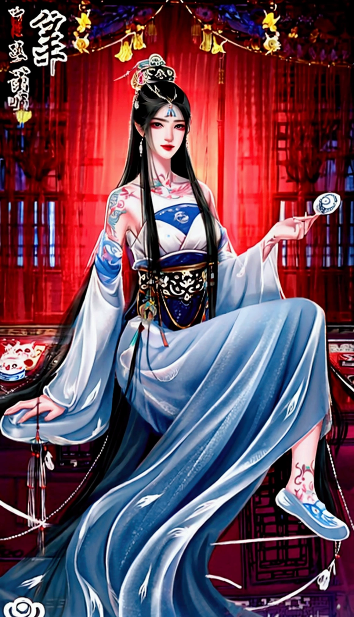   Ancient Chinese Beauty  ,  Charming Quality ,  Flowing Long Skirt , Clear Face,  Beautiful Eyes, Floral Surrounded ,  Perfect Body Structure Proportional Masterpiece,  Super Detailed , Epic composition,  Colored Tattoo Art ,  New Traditional Tattoo Art ,  SD Tattoo Design ,  Colored Tattoo Art ,  Mysterious Warm Friendly Atmosphere , Hyper-realistic painting,  Ultra HD , high quality, 最high quality, 32k --v 6