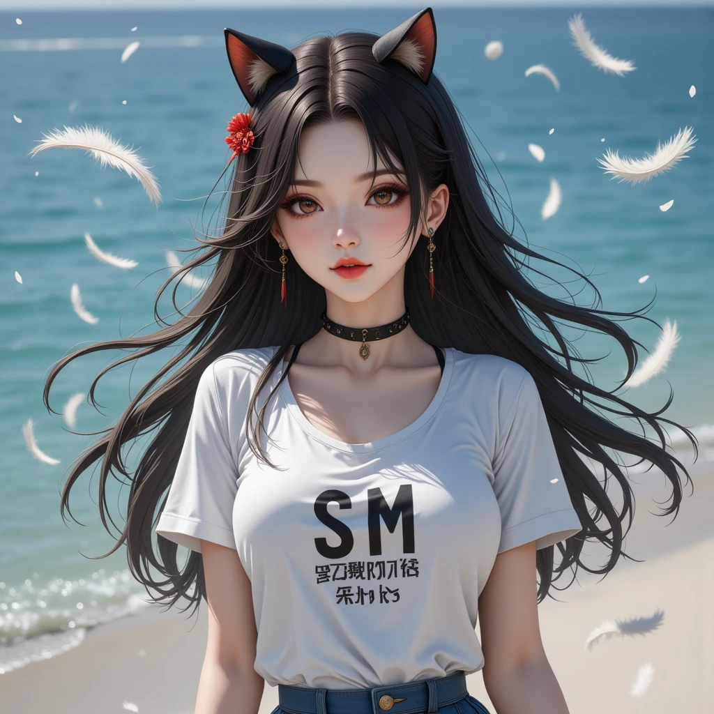  A woman is casting a spell for the streams of water to gather, Surrealism, sexy,  Pretty Korean girl , Long shiny black hair,   Black Cat Ear Hair Jewelry ,    Bright Red Lips ,   T-shirt fits body , 'SM' on shirt ,   Light Blue Skirt Pleated Skirt , high-heels,  dynamic movement  ,  Feathers fall like rain   