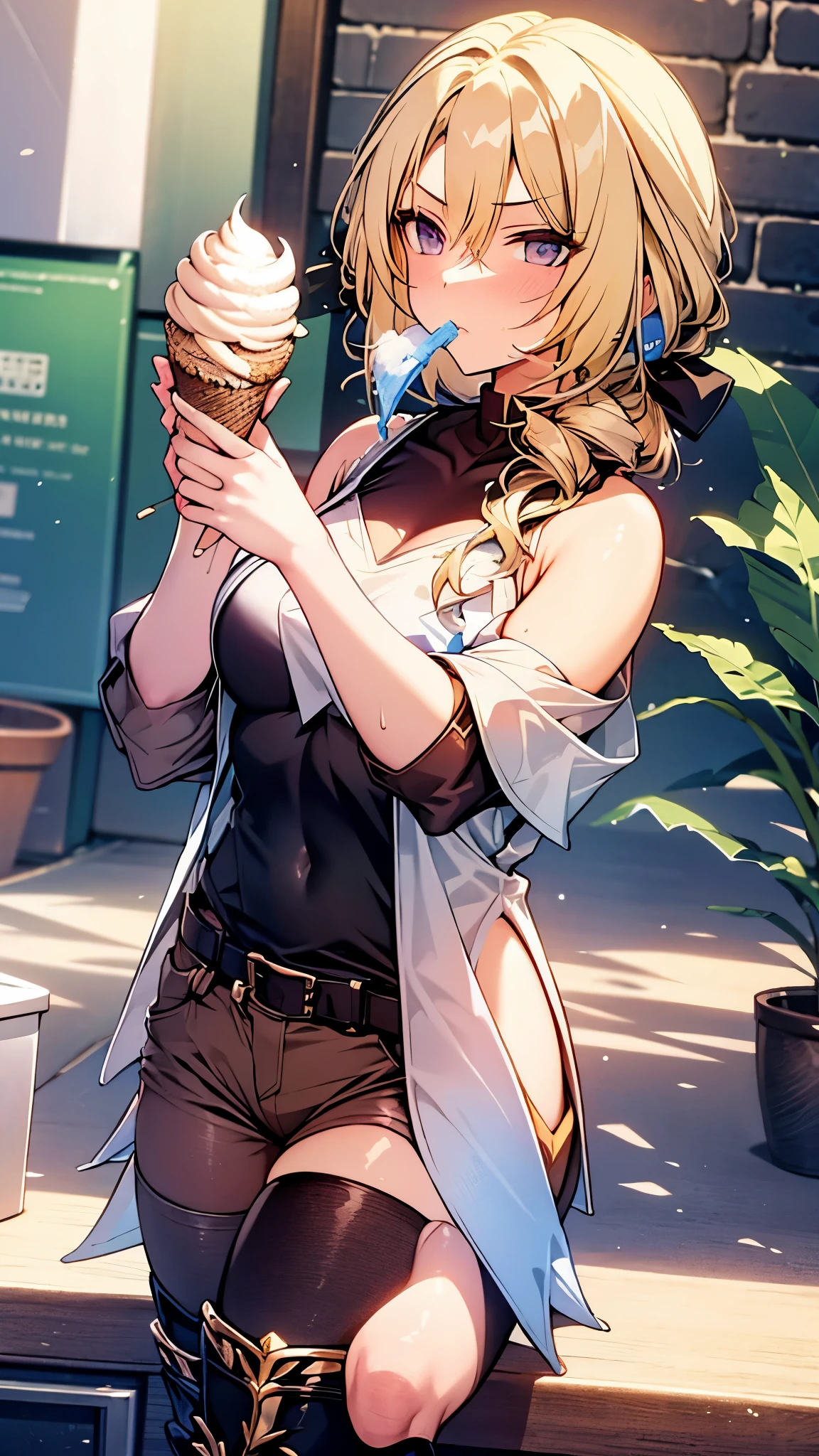 Hot Pants ,oversized t-shirt, 1 girl, Blonde, eat ice cream ,Relax