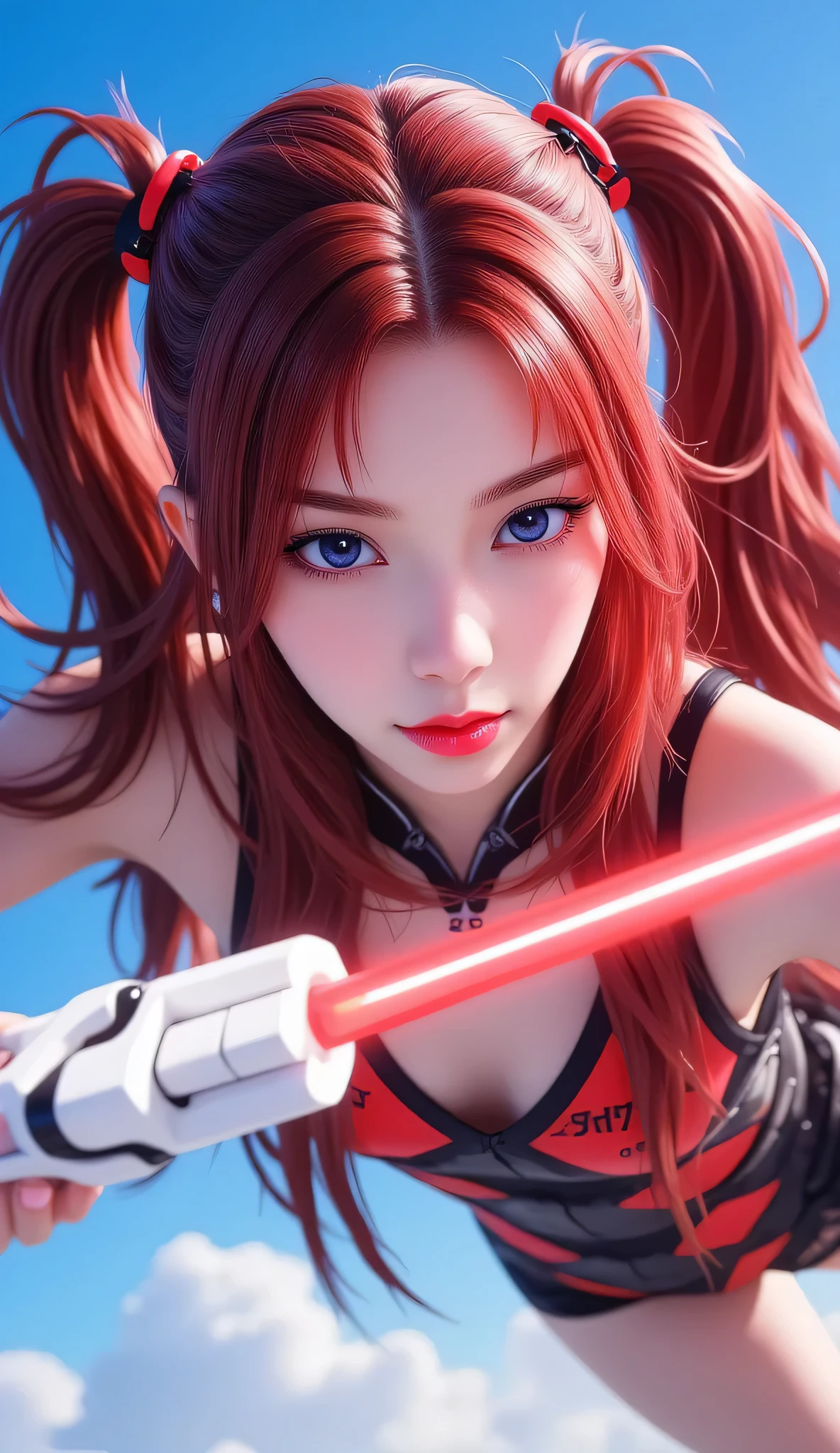 a detailed girl in mechanical red and white robot armor, Mary DR., holding a long red and white sword, flying dynamically through a blue sky, beautiful detailed eyes, lips, skin, long red hair in twin tails, red and white mechanical barrette, highly detailed patterns and shapes of the sword, glow of the sword blade and red beam emission effect, accurate depiction of the hand holding the sword, stabbing the viewer, cinematic lighting, vivid color, 3D rendering, professional photo resolution, award winning