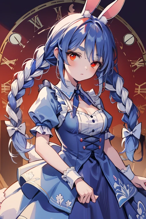 masterpiece, Highest quality, Very detailed, 16K, Ultra-high resolution, Cowboy Shot, Alice in Wonderland, (Art Nouveau:1.4), (Pointillism:1.2), , Detailed face, pekora usada, animal ears, blue hair, braid, carrot hair ornament, food-themed hair ornament, hair ornament, multicolored hair, (red eyes:1.5), rabbit ears, twin braids, twintails, two-tone hair,, Wall Clock