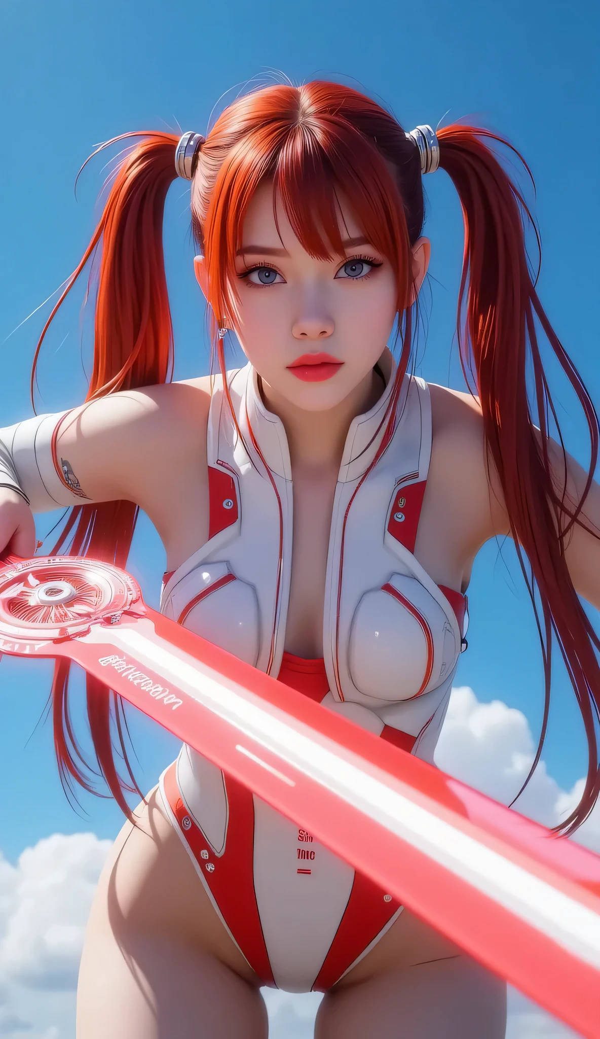 a detailed girl in mechanical red and white robot armor, Nat DR., holding a long red and white sword, flying dynamically through a blue sky, beautiful detailed eyes, lips, skin, long red hair in twin tails, red and white mechanical barrette, highly detailed patterns and shapes of the sword, glow of the sword blade and red beam emission effect, accurate depiction of the hand holding the sword, stabbing the viewer, cinematic lighting, vivid color, 3D rendering, professional photo resolution, award winning