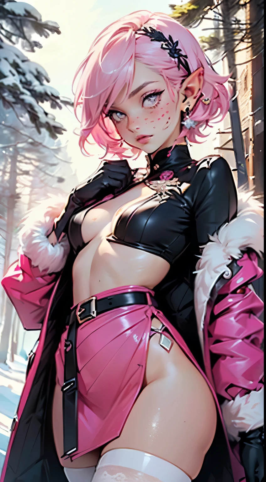 (1 girl), sultry posing, pink leather bra, transparent panties, slim body, highlighted nipples, whole body, genitalia with pubic hair, (pink hair, shorth hair:1.3), beautiful hairstyle, realisticeyes, beautiful detailed eyes, blue colored eyes, bushy eyebrows, (realisic skin), beautiful fur, mole on the cheek, black furry wool coat, black collar, PUBIAN HAIR APPEARING, robotic arm, cyber punk background