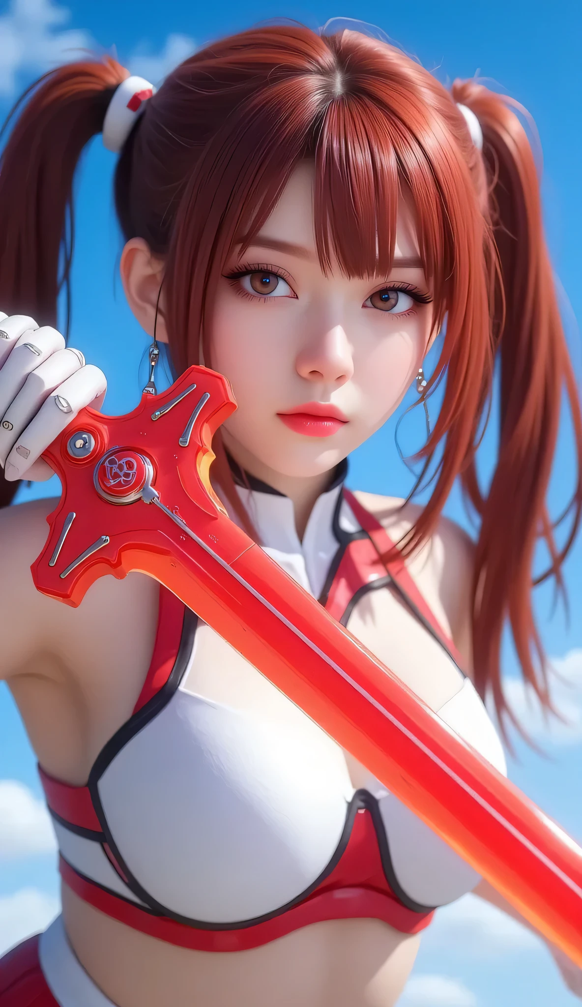 a detailed girl in mechanical red and white robot armor, Nat DR., holding a long red and white sword, flying dynamically through a blue sky, beautiful detailed eyes, lips, skin, long red hair in twin tails, red and white mechanical barrette, highly detailed patterns and shapes of the sword, glow of the sword blade and red beam emission effect, accurate depiction of the hand holding the sword, stabbing the viewer, cinematic lighting, vivid color, 3D rendering, professional photo resolution, award winning