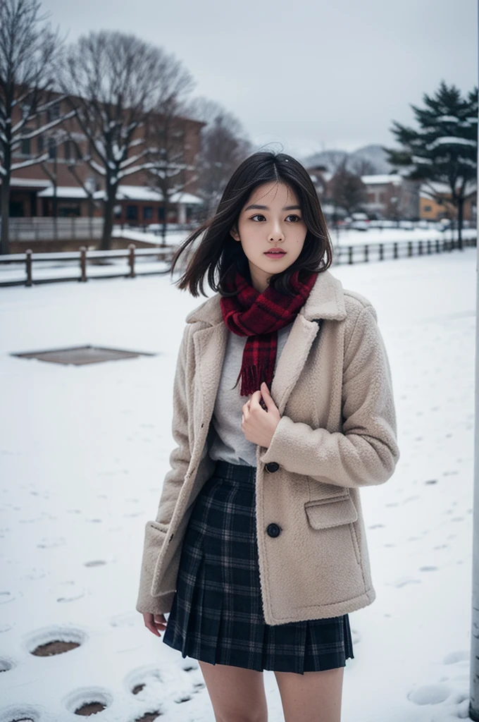 high quality, masterpiece,  super high resolution , (Realistic:1.4), Original photo, 1 Girl,  Japanese，Black Hair、Moody Tone, （ high contrast）、Hair swaying in the wind、Beautiful woman，２0 years old、whole bodyショット、 flared skirt 、cold、winter，Snow Scene，Snowfall，whitish fluffy coat， Red Check Wool Scarf ，Place your hands on your chest、Detailed depiction of the hand、 short hair、whole body、Red checked scarf、Don&#39;t look at me、Looking into the distance、（profile）、Asahi、sunlight、profile