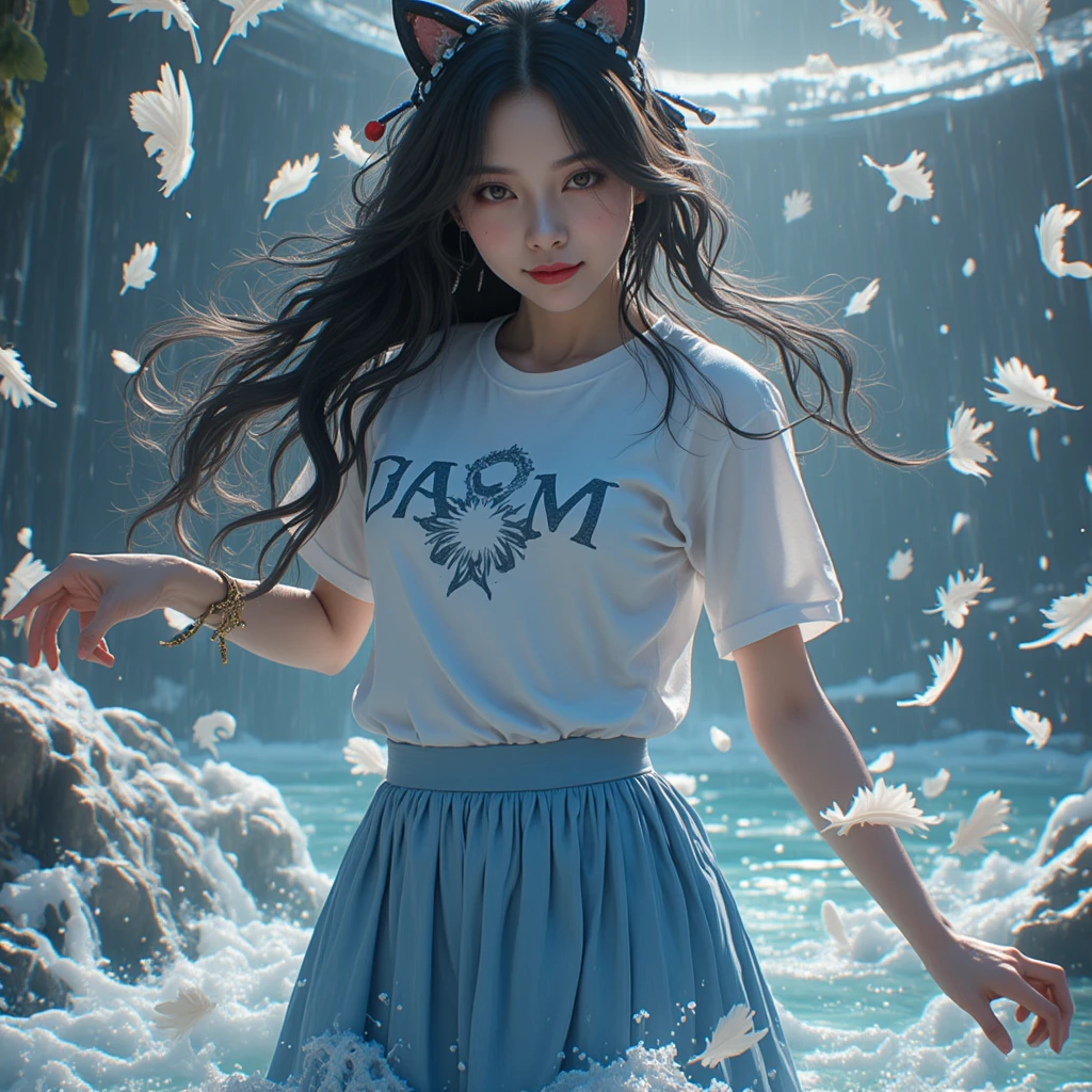  A woman is casting magic for the streams to come together, Surrealism, sexy,  Pretty Korean girl , Long shiny black hair,   Black Cat Ear Hair Jewelry ,    Bright Red Lips ,   T-shirt fits body , 'SM' on shirt ,   Light Blue Skirt Pleated Skirt , high-heels,  dynamic movement  , The effect of the flow of water on the air. , Feathers fall like rain   