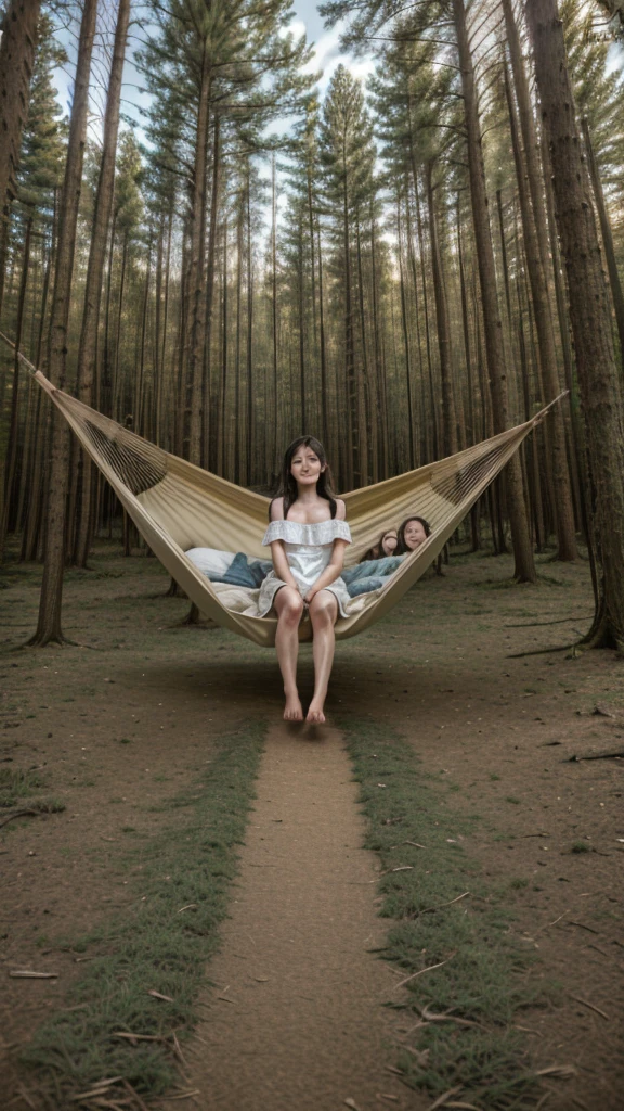 masterpiece, hi-res, girl,sleeping in hammock, nightgown, (travel lady), woods, trees, mounts, tents, picnic, adventure  