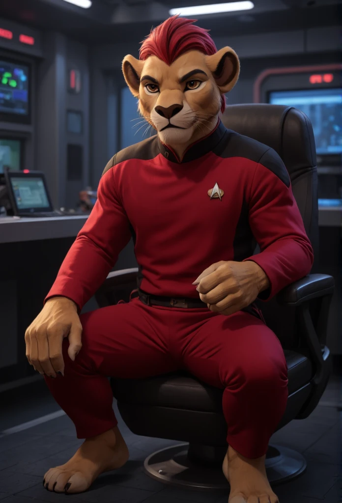 (((Barefoot furry character, full body, cinematic setting, furry boy, anthro lion, plantigrade))), (((anime))). beefy, muscular (((Kion))), (((younger Kion wearing red TNG uniform))), focused, determined, ((nice detailed feet paws with claws))), (((four toes))), short red hair, red tip of a tail, (((correct anatomy))) (((sitting in captain chair in command center of starship, bridge of the starship))), , hand strike BREAK, intricate details, highly detailed, extreme detail, octane render, fine art, best quality, highres, (detailed face:1.5), ((full_body)), UHD, (((perfect hands))), ((low light:1.5))