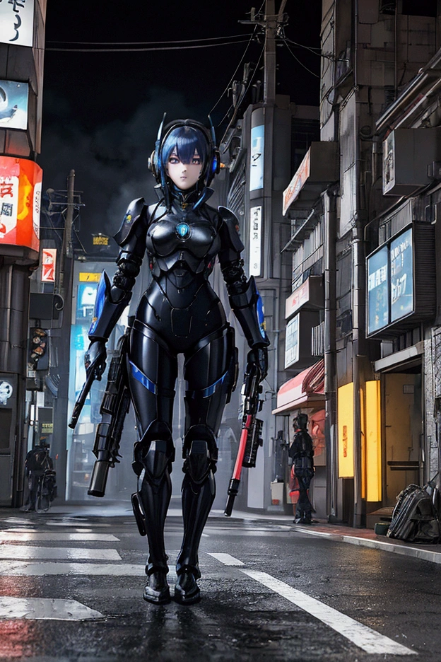  an anime scene of cyberpunk unfolds  :  A beautiful Japanese woman wearing blue and black sci-fi power armor  ,  Dark emphasized by a night full of neon eyeshadow  .  headphones that shine ,  captures the intense gaze of her holding an assault rifle on a busy cyberpunk street.  neon signs and advertisements are reflected on wet pavement  , I'm wearing colorful  .  The camera's bokeh effect lenses have a vibrant atmosphere  , on the other hand、 side lights highlight women's armor  ,  they contrast with the dark surroundings .